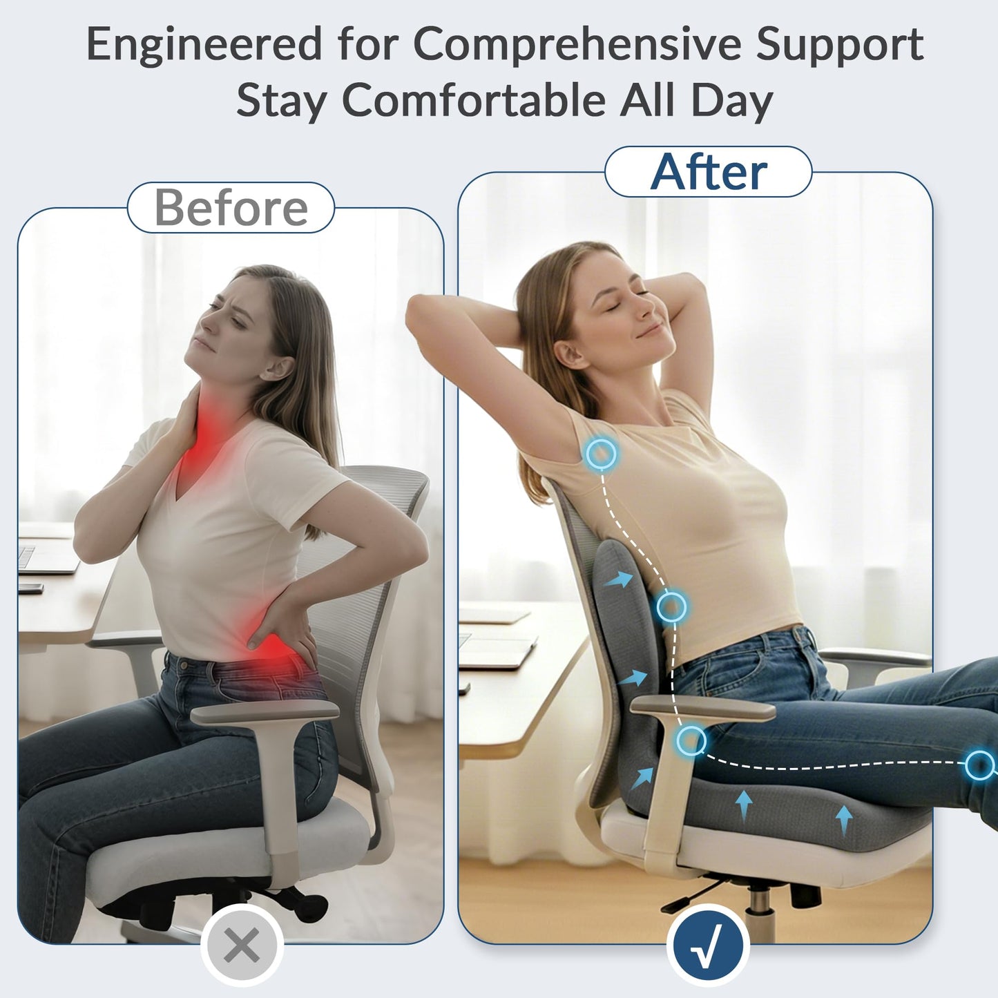 Exclusivo Mezcla Memory Foam Seat Cushion, Ergonomic Tailbone Pain Relief Cushions, Non-Slip Seat Pad for Office Chair and Car Seat, Grey