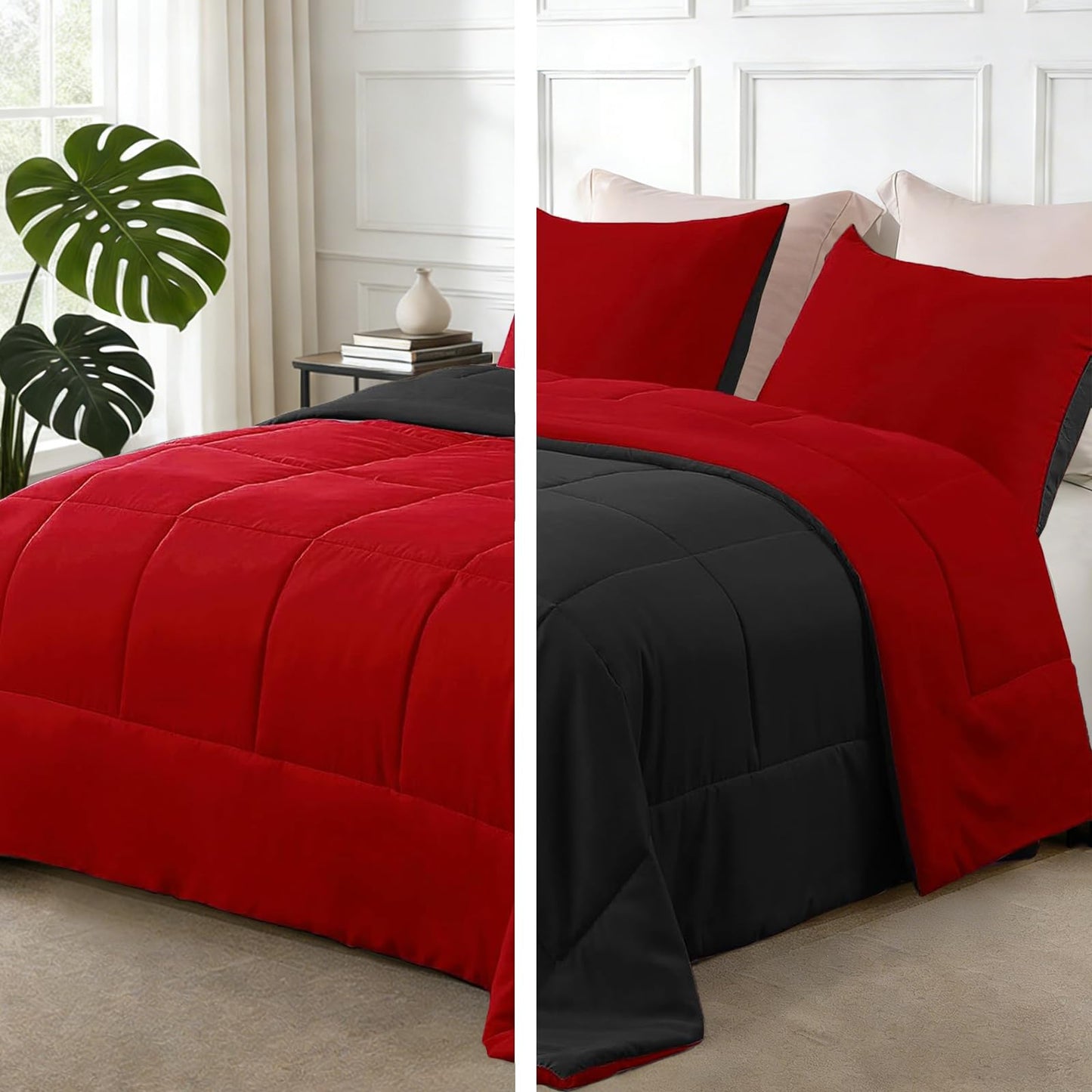 Exclusivo Mezcla Lightweight Reversible 3-Piece Comforter Set All Seasons, Down Alternative Comforter with 2 Pillow Shams, Oversized King Size, Red/Black