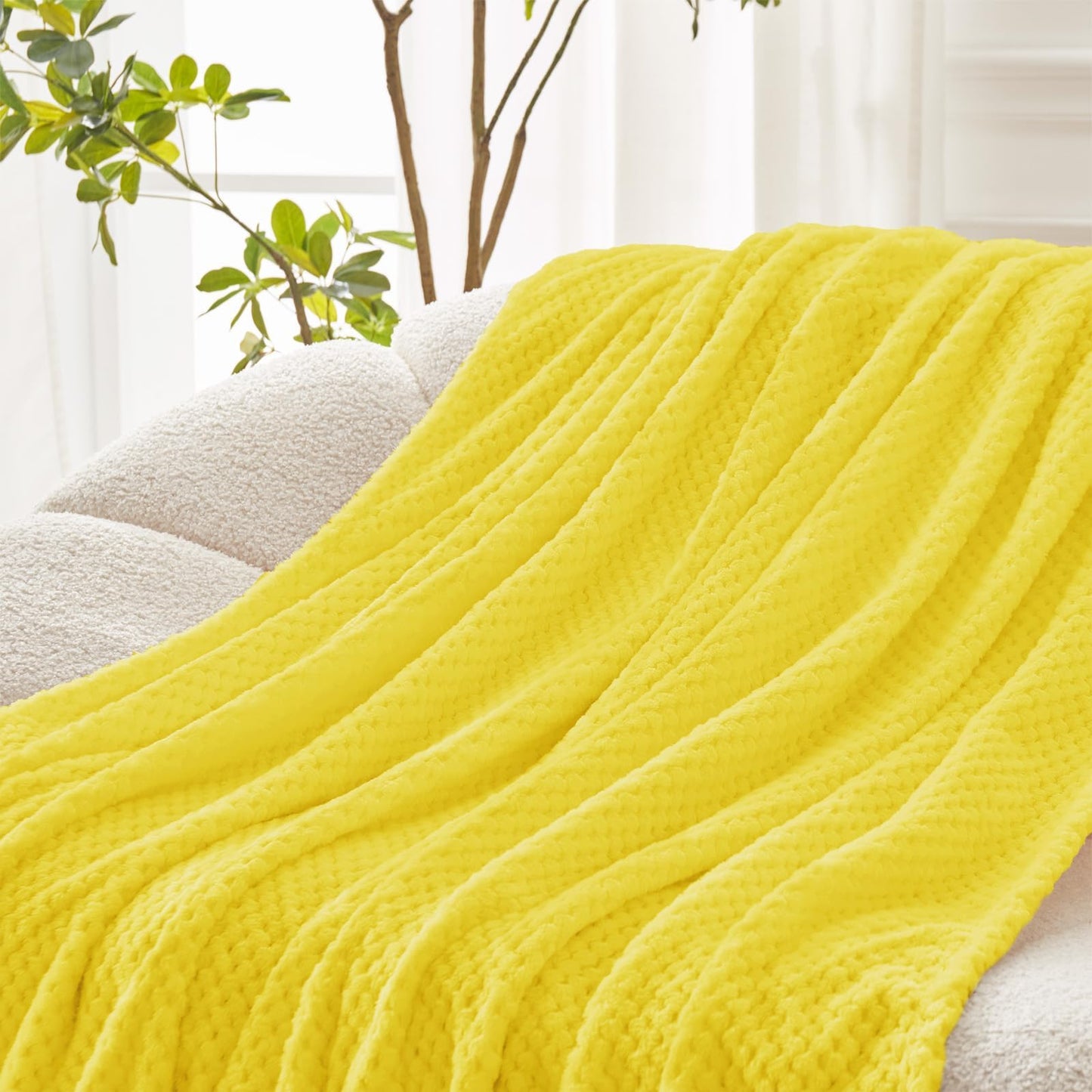 Exclusivo Mezcla Fleece Bed Blanket Queen Size, Super Soft and Warm Blankets for Couch, Sofa and Bed Waffle Textured, Cozy, Fuzzy and Lightweight (Vribrant Yellow, 90x90 Inches)