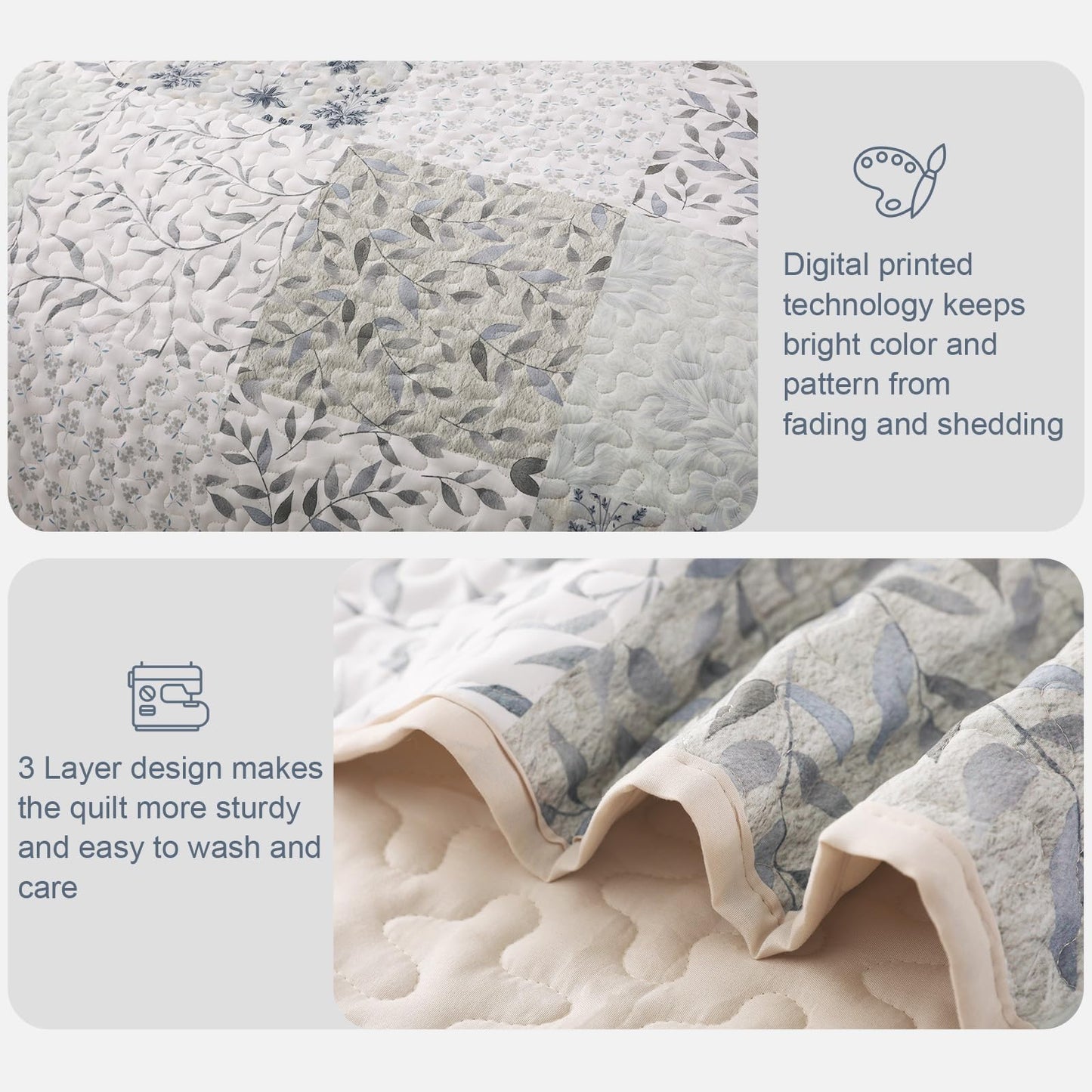 Exclusivo Mezcla Reversible Boho Quilt Set Twin Size, 2 Pieces Patchwork Gray All Season Bedspreads, Ultra Soft Floral Coverlet Bedding Set with Printed Pattern (1 Quilt, 1 Pillow Sham)