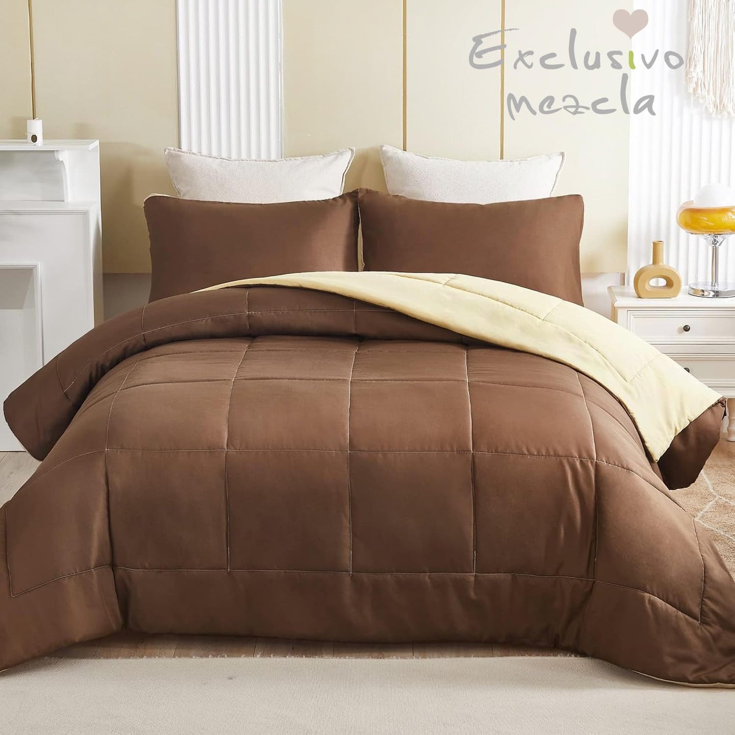 Exclusivo Mezcla Lightweight Reversible 3-Piece Comforter Set All Seasons, Down Alternative Comforter with 2 Pillow Shams, California King Size, Brown/ Khaki