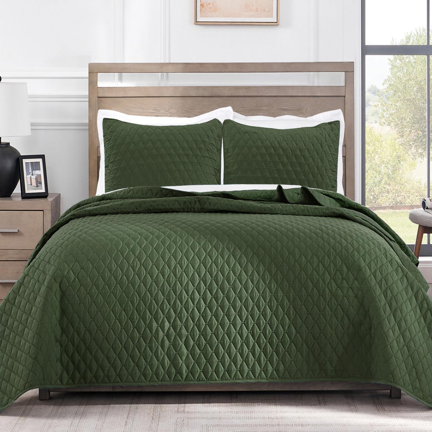 Exclusivo Mezcla Reversible Full Queen Quilt Bedding Set with Pillow Shams, Lightweight Quilts Queen Size, Soft Bedspreads Bed Coverlets for All Seasons - (Olive Green, 90"x96")
