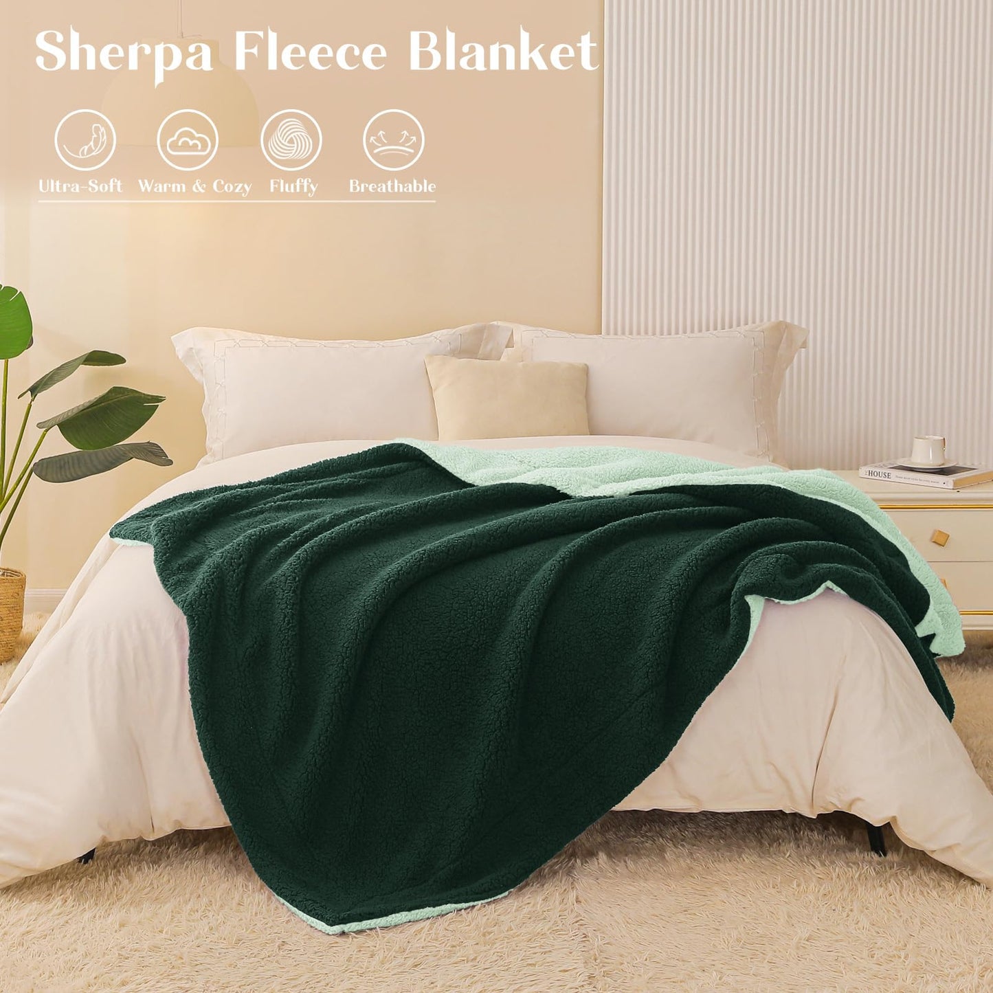 Exclusivo Mezcla Reversible Twin Size Sherpa Blanket, Thick and Warm Fleece Blankets for Winter, Soft Plush Fluffy for Bed, 60x80 Inches, Forest / Mint Green