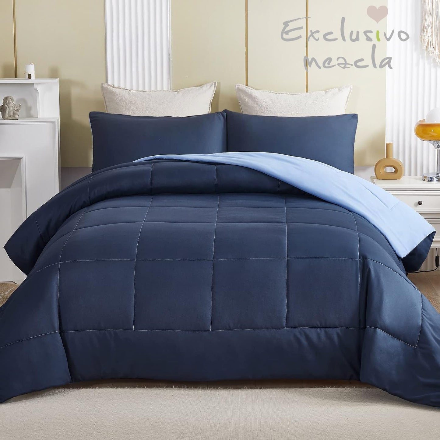 Exclusivo Mezcla Lightweight Reversible 3-Piece Comforter Set All Seasons, Down Alternative Comforter with 2 Pillow Shams, Oversized King Size, Navy/ Blue