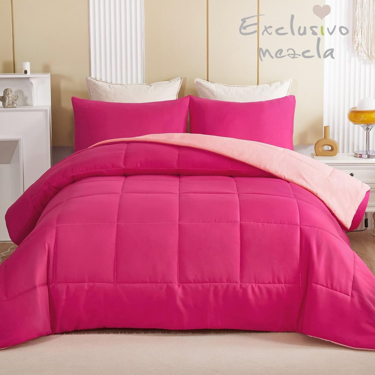 Exclusivo Mezcla Lightweight Reversible 3-Piece Comforter Set All Seasons, Down Alternative Comforter with 2 Pillow Shams, Oversized King Size, Hot Pink/Blush Pink