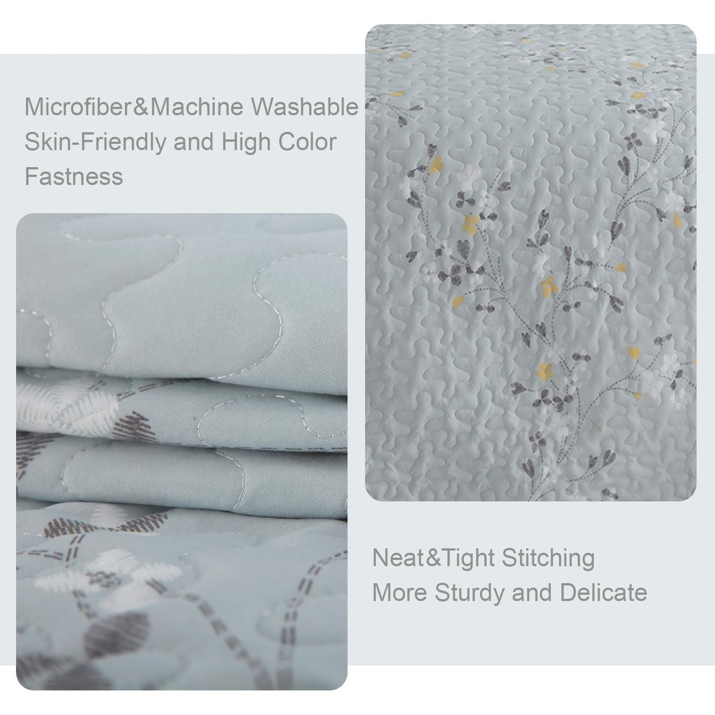Exclusivo Mezcla Microfiber King Size Quilt Set for All Seasons, 3 Piece Flower Pattern Bedspread/Coverlet/Bedding Set with 2 Shams, Lightweight and Soft, (96"x104", Light Blue)