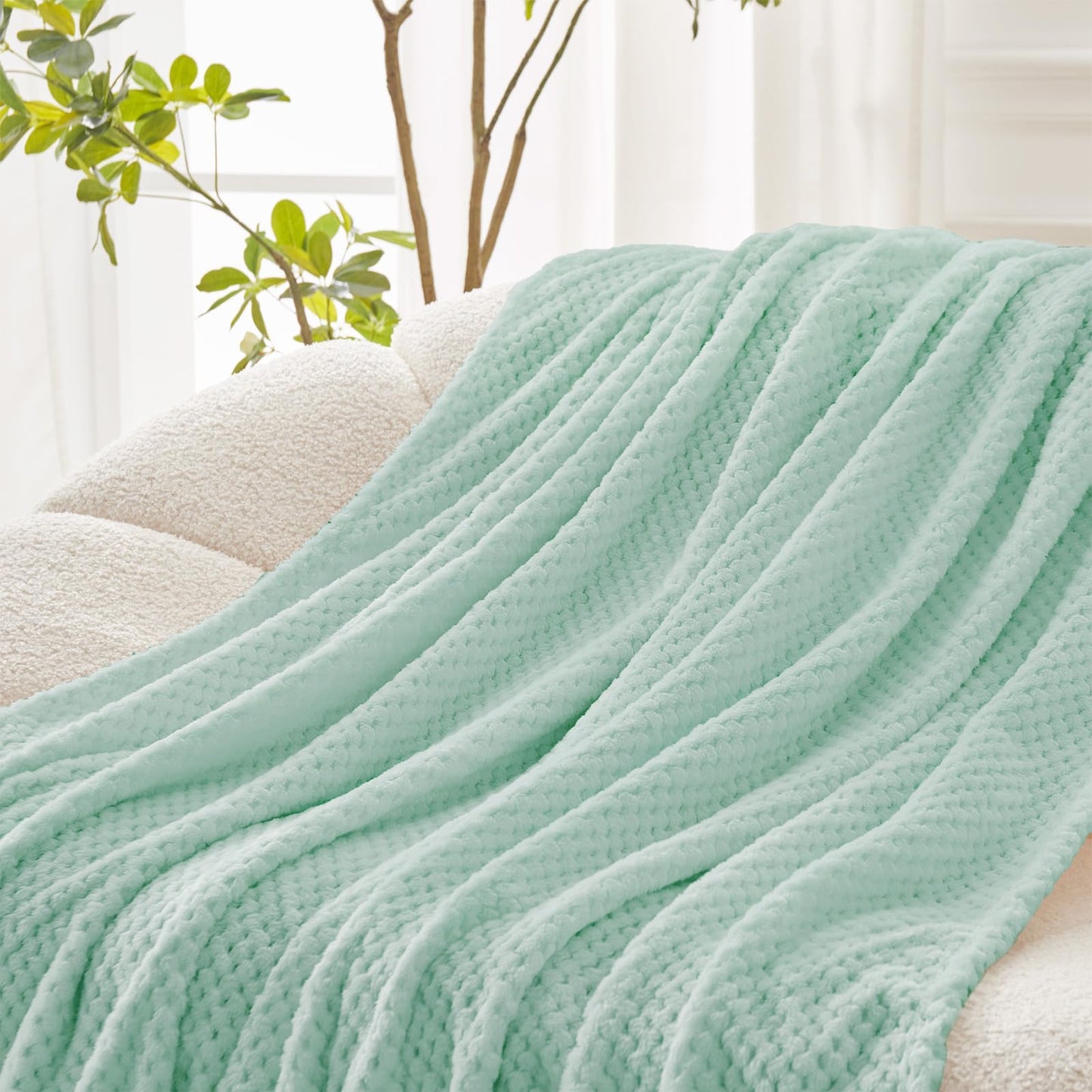 Exclusivo Mezcla Fleece Bed Blanket Twin Size, Super Soft and Warm Blankets for Couch, Sofa and Bed Waffle Textured, Cozy, Fuzzy and Lightweight (Mint Green, 60x80 inches)