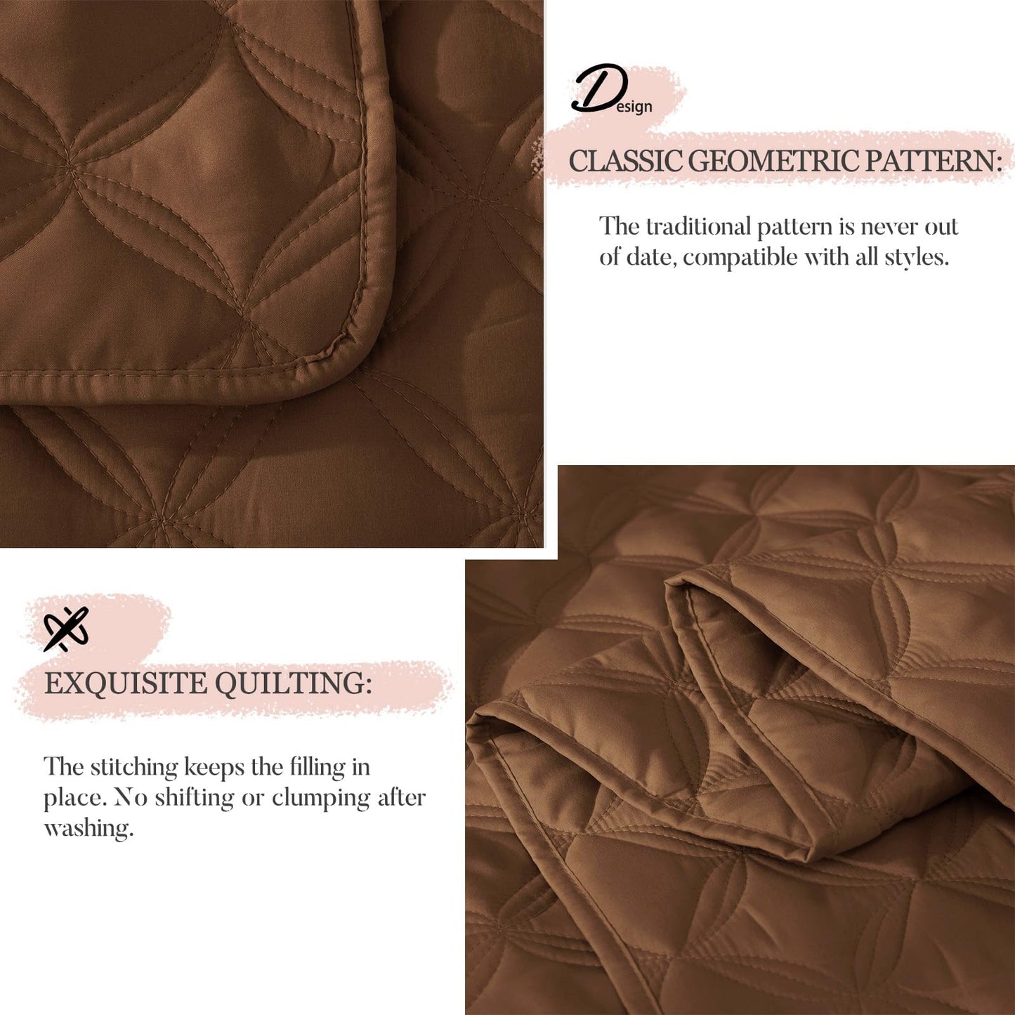 Exclusivo Mezcla Bed Quilt Set Queen Size for All Seasons, Stitched Pattern Quilted Bedspread/ Bedding Set/ Coverlet with 2 Pillow shams, Lightweight and Soft, Brown