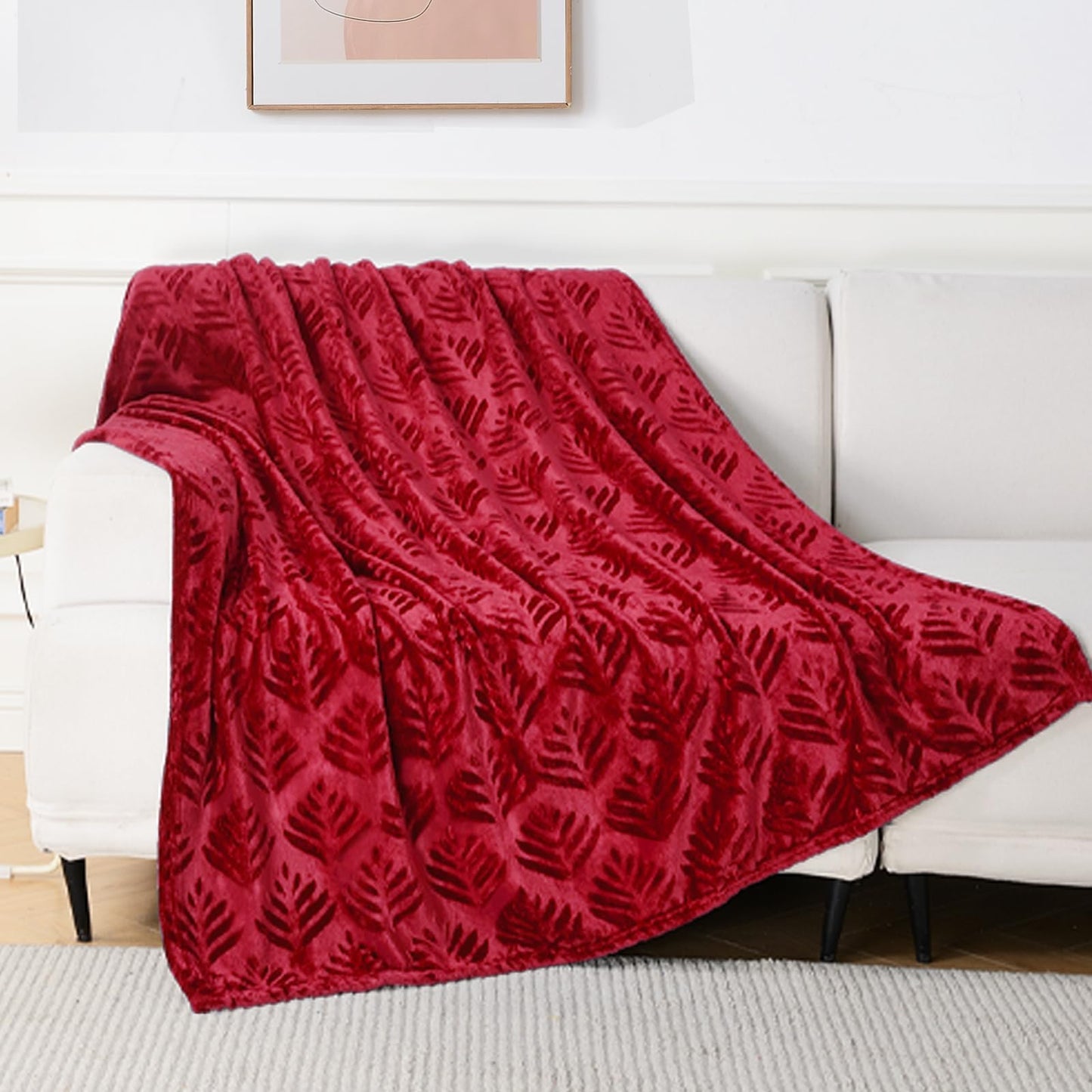 Exclusivo Mezcla Twin Size Fleece Blanket for Bed, Leaves Pattern Super Soft and Cozy Blankets, Plush Fuzzy Lightweight, Deep Red, 60"x80"