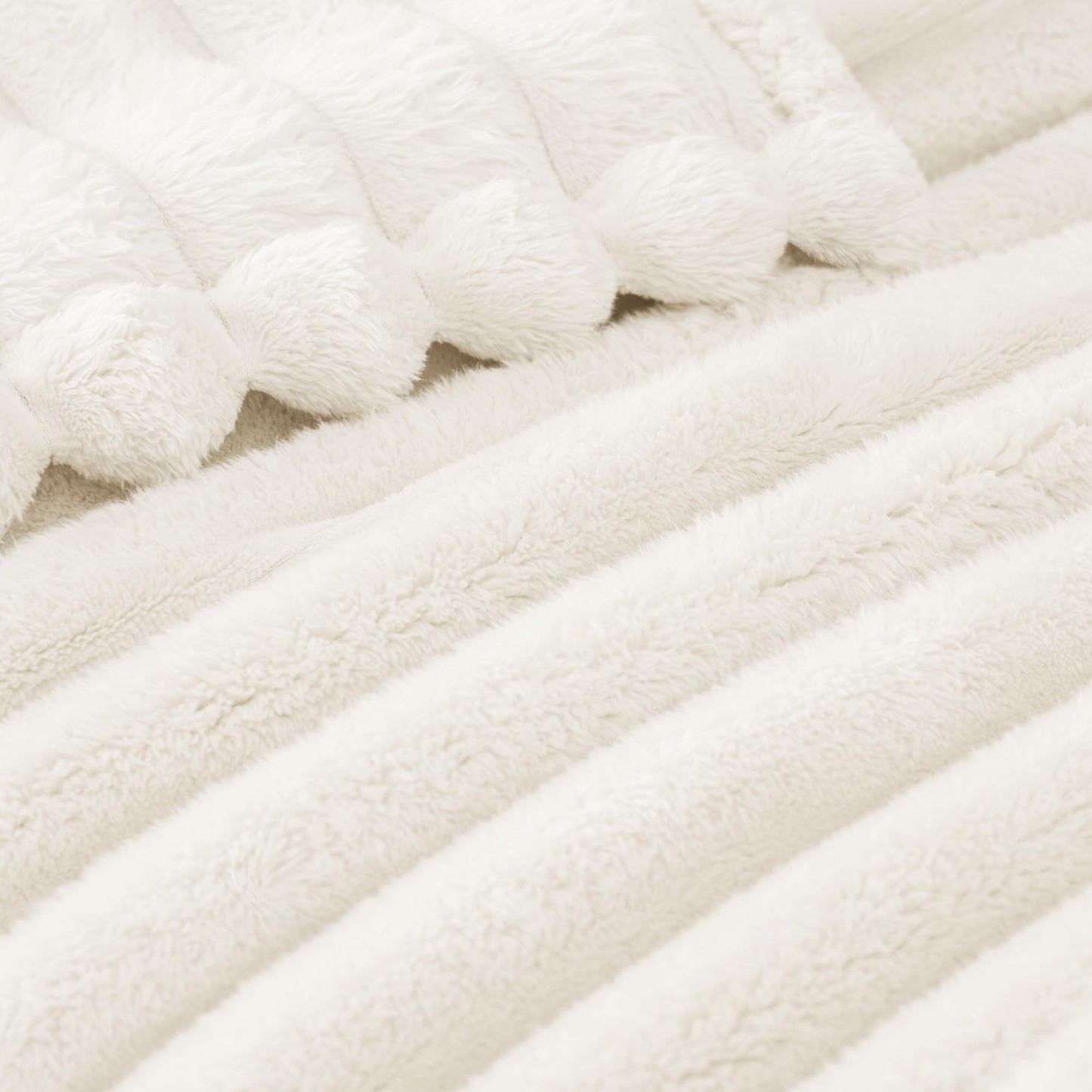 Exclusivo Mezcla California King Size Flannel Fleece Blanket, Super Soft Striped Jacquard Bed Oversized Blanket, Lightweight Fuzzy Cozy for All Seasons, 120x120 Inches, Ivory