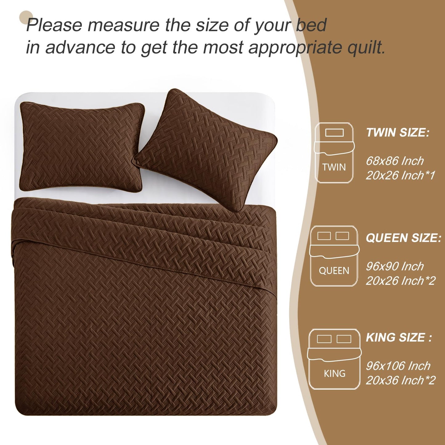 Exclusivo Mezcla Soft Quilt Set King Size, 3 Pieces Lightweight Quilts Brown Bedspreads Coverlets Bedding Set for All Seasons, Weave Pattern