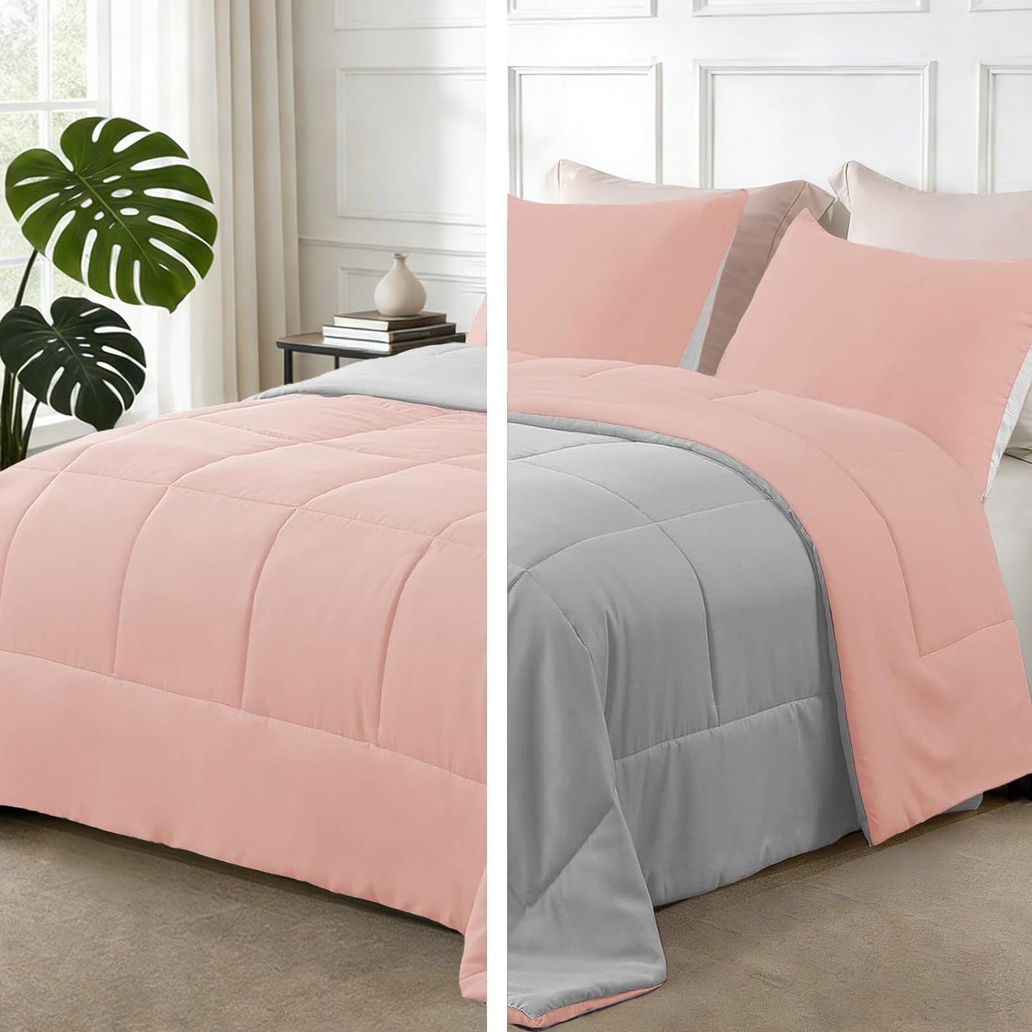 Exclusivo Mezcla Lightweight Reversible 3-Piece Comforter Set All Seasons, Down Alternative Comforter with 2 Pillow Shams, California King Size, Blush Pink/Light Grey