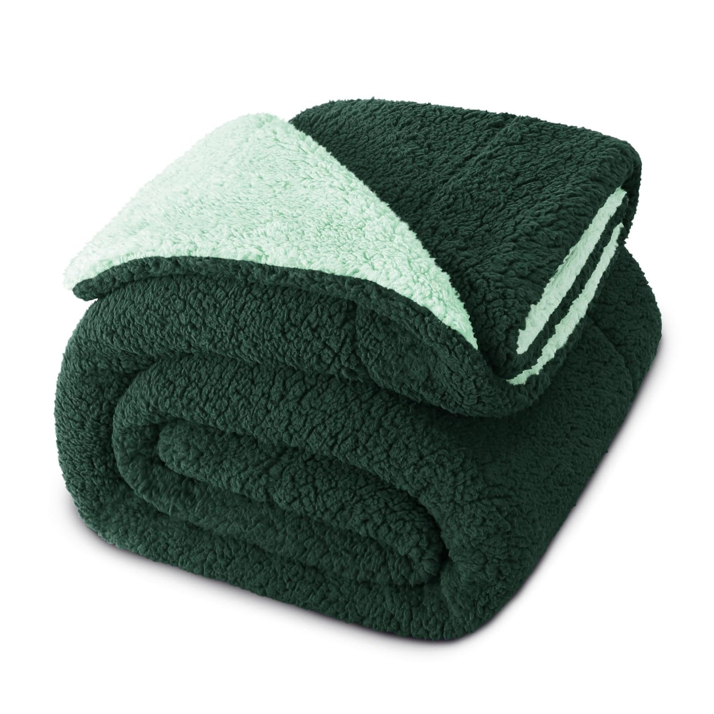 Exclusivo Mezcla Reversible Queen Size Sherpa Blanket, Thick and Warm Fleece Blankets for Winter, Soft Plush Fluffy for Bed, 90x90 Inches, Forest / Mint Green