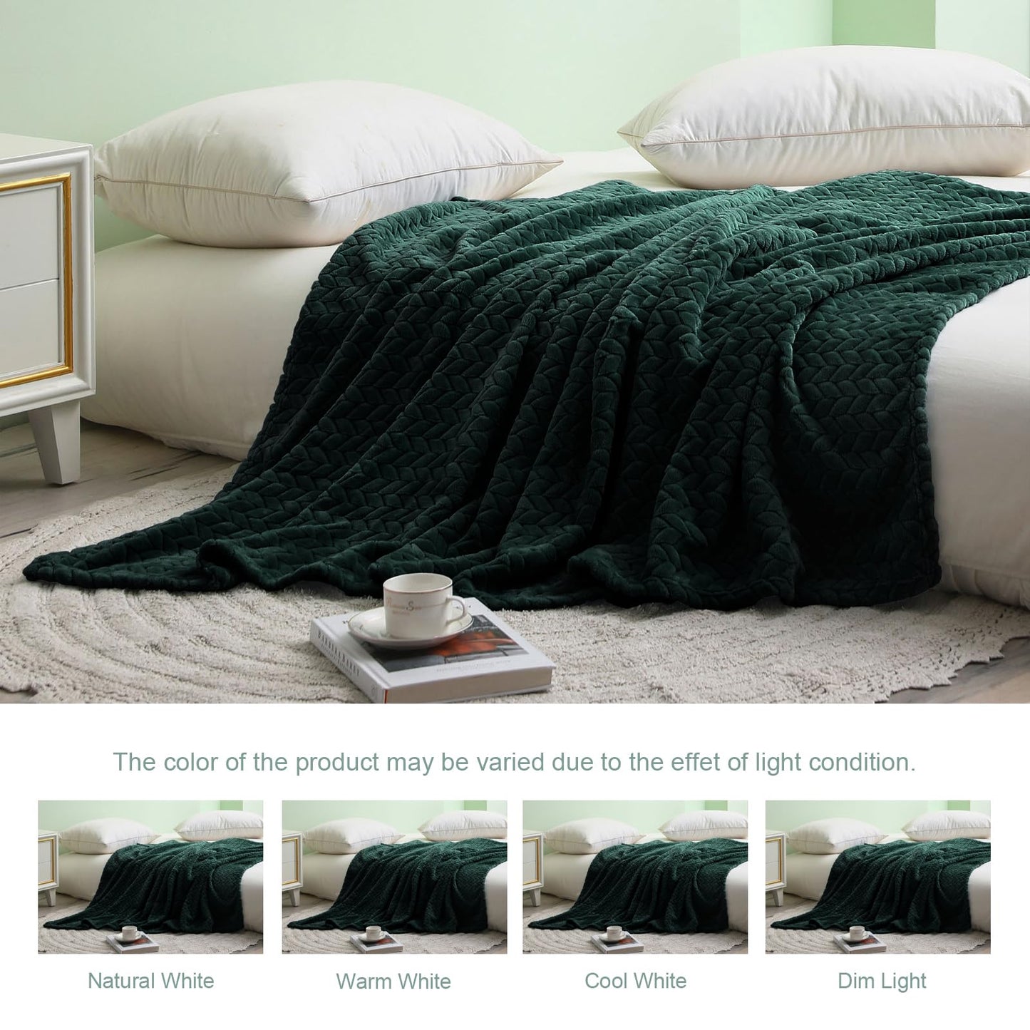Exclusivo Mezcla Fleece Twin Size Blanket for Bed, 60x80 Inches Soft Cozy Jacquard Flannel Blankets, Lightweight Fuzzy Plush Warm for Women, Forest Green