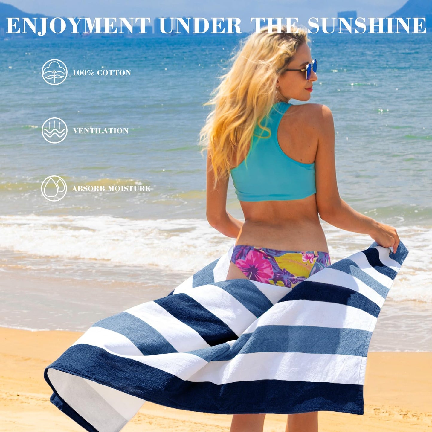 Exclusivo Mezcla 4-Pack Cotton Oversized 35"x70" Cabana Stripe Beach Towels, Super Absorbent Soft Plush Pool Towel, Bath Towel (Mixed Pink/Grey/Navy/Green)