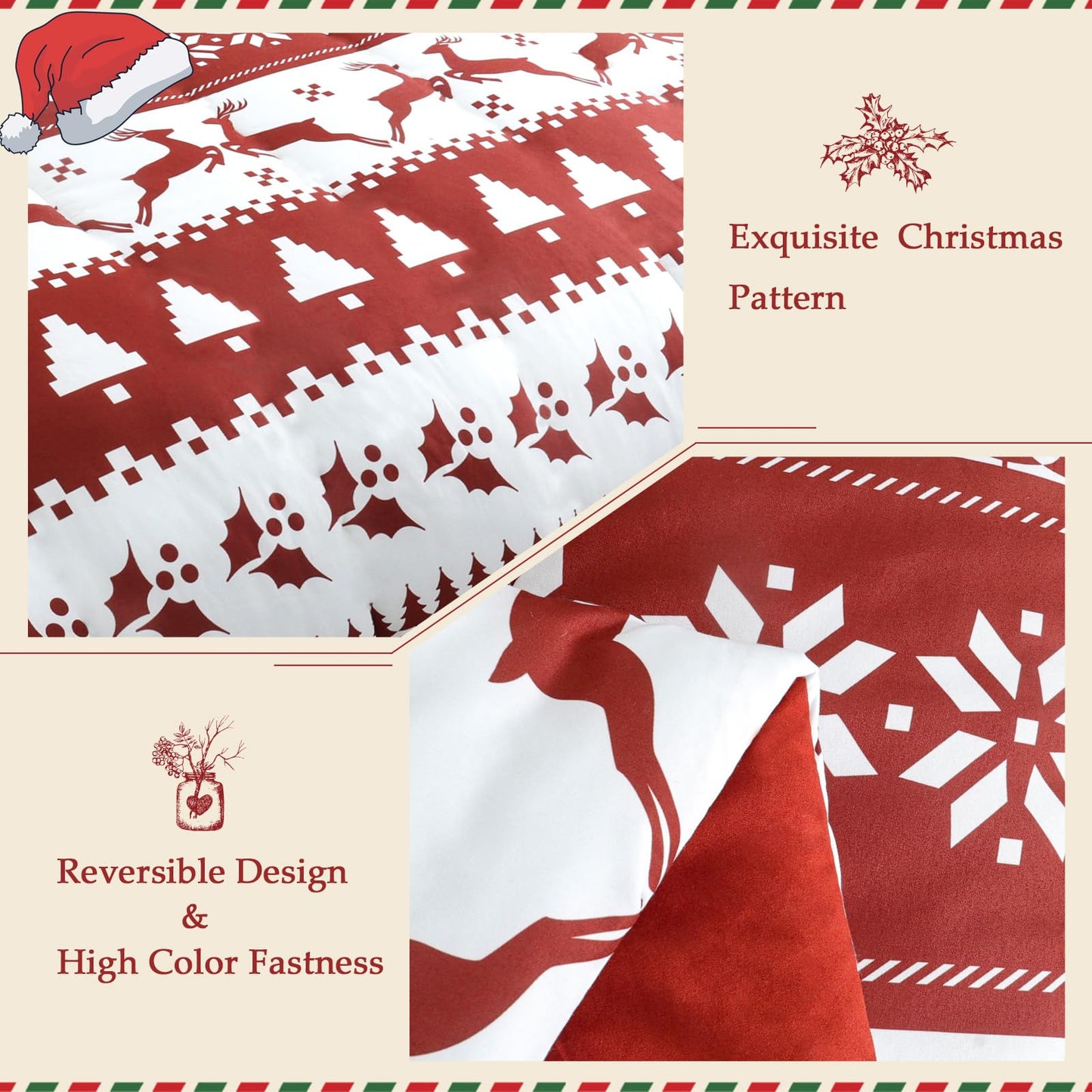 Exclusivo Mezcla Christmas Queen Size Comforter Set, 3 Pieces Reversible White and Rust Red Striped Bedding Comforters, Printed Reindeer Snowflakes Pattern