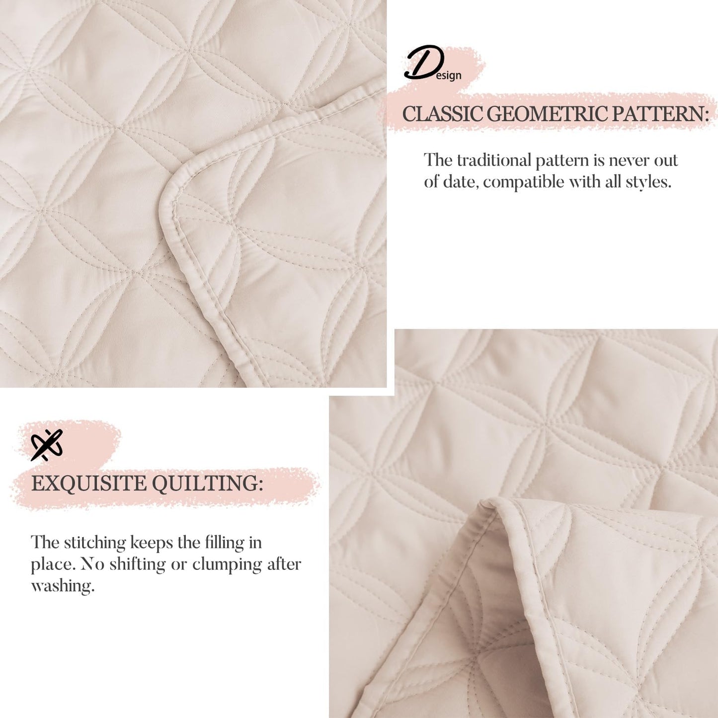 Exclusivo Mezcla Bed Quilt Set Queen Size for All Seasons, Stitched Pattern Quilted Bedspread/ Bedding Set/ Coverlet with 2 Pillow shams, Lightweight and Soft, Brich Beige
