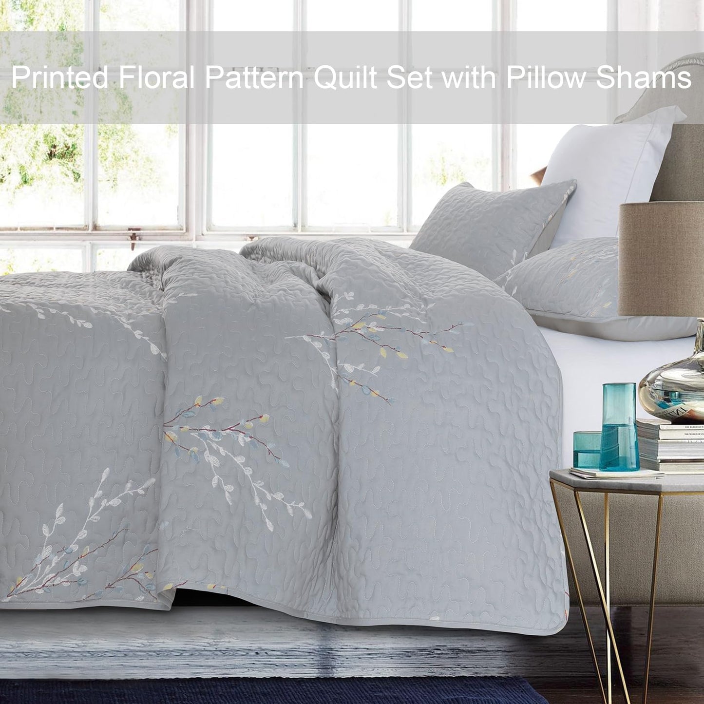 Exclusivo Mezcla Reversible Boho California King Quilt, Grey Soft Bedspreads Lightweight Coverlet All Season Flowers Quilts Bedding Set with Printed Floral Pattern (1 Quilt, 2 Pillow Shams)