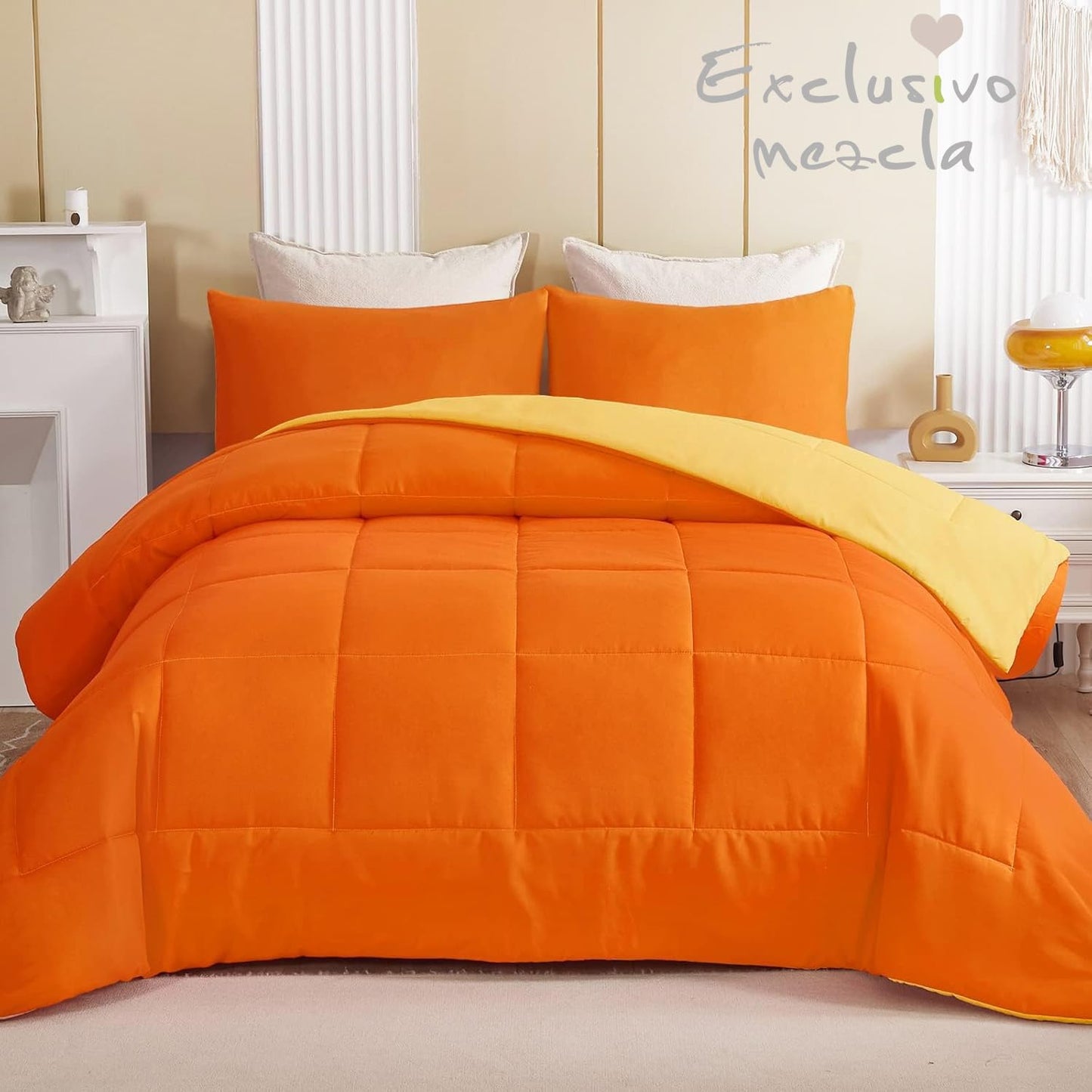 Exclusivo Mezcla Lightweight Reversible 3-Piece Comforter Set All Seasons, Down Alternative Comforter with 2 Pillow Shams, Oversized King Size, Orange/ Yellow