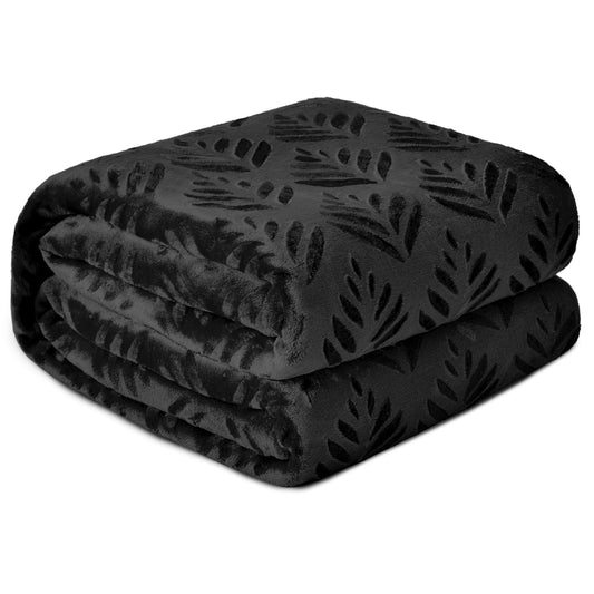 Exclusivo Mezcla Queen Size Fleece Blanket for Bed, Super Soft and Cozy Blankets All Season Use, Leaves Pattern, Plush Fuzzy Lightweight, Black, 90x90 Inch