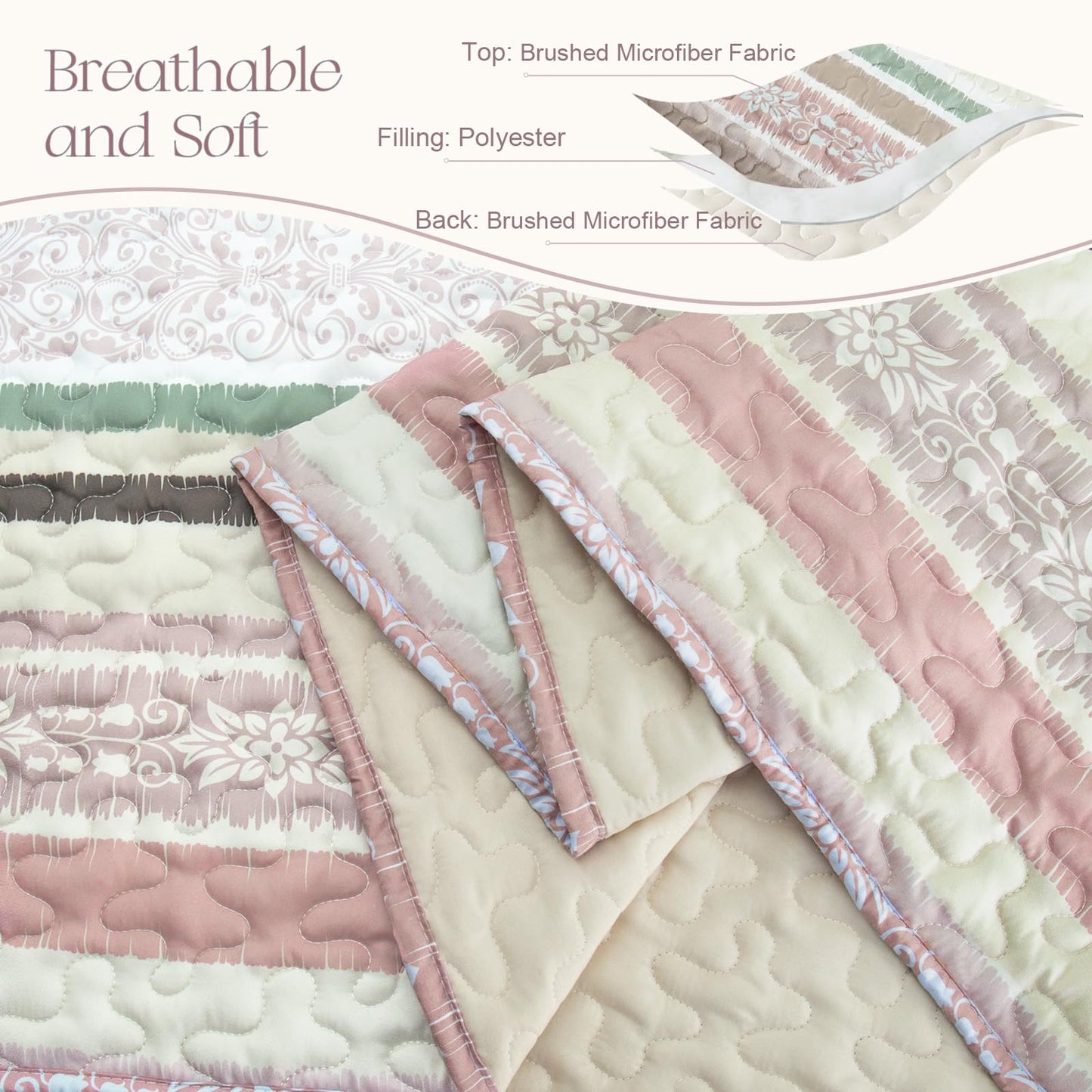 Exclusivo Mezcla Reversible Boho Quilt Set King Size, 3 Pieces Bohemian Striped Pink All Season Bedspreads, Ultra Soft Floral Coverlet Bedding Set with Printed Pattern (1 Quilt, 2 Pillow Shams)