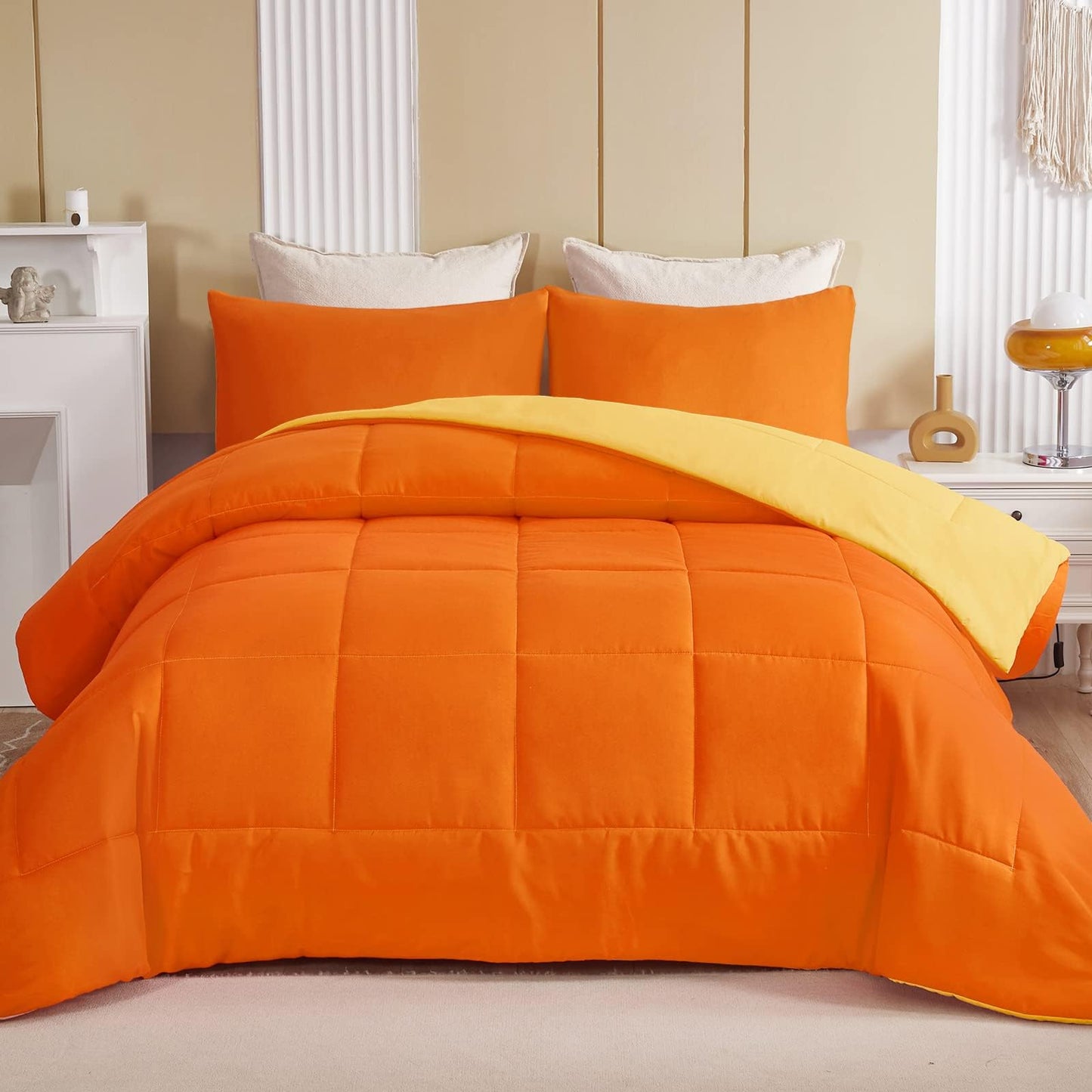 Exclusivo Mezcla Lightweight Reversible 2-Piece Comforter Set All Seasons, Down Alternative Comforter with 1 Pillow Sham, Twin Size, Orange/ Yellow