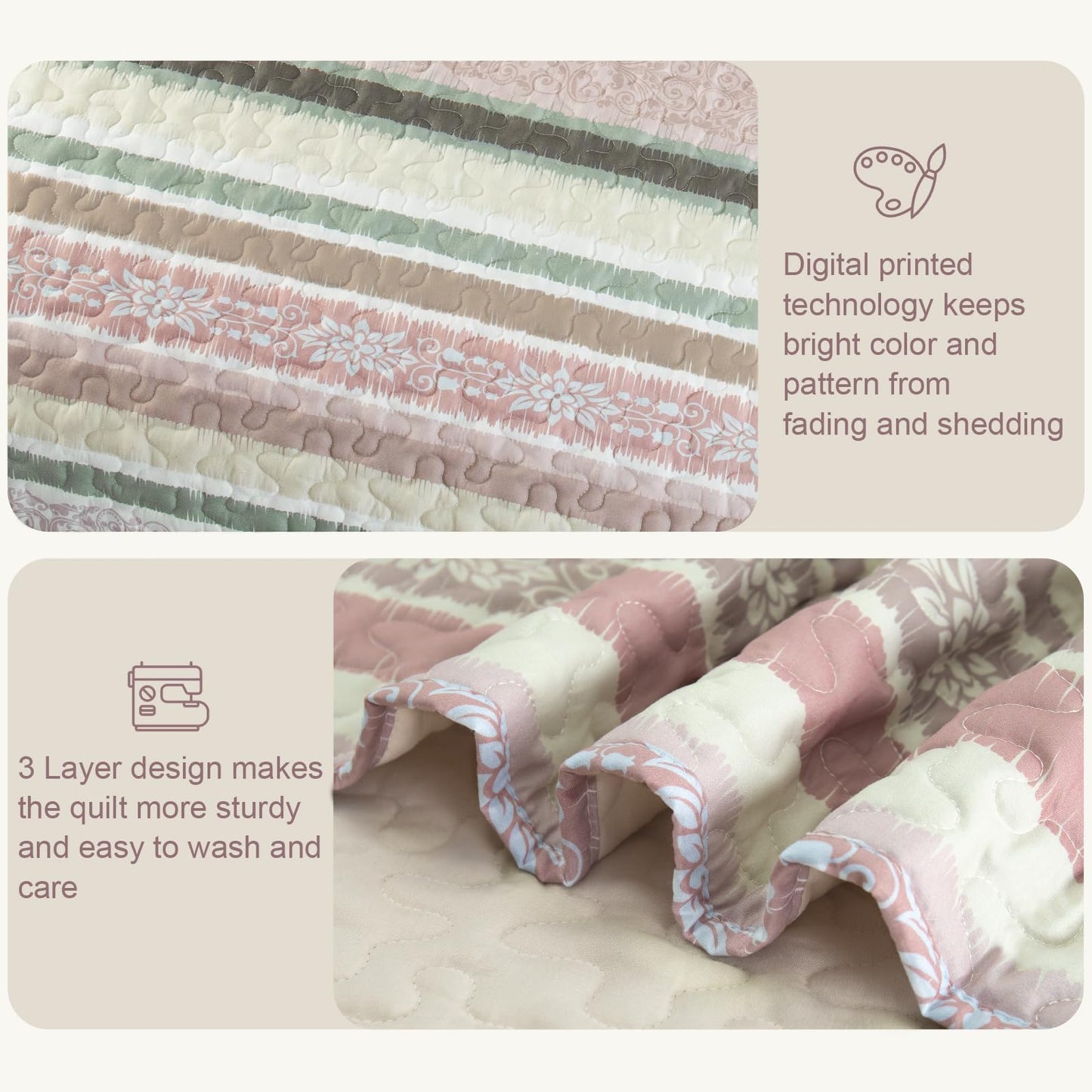 Exclusivo Mezcla Reversible Boho California King Quilt, Pink Soft Bedspreads Lightweight Coverlet All Season Striped Quilts Bedding Set with Printed Floral Pattern (1 Quilt, 2 Pillow Shams)