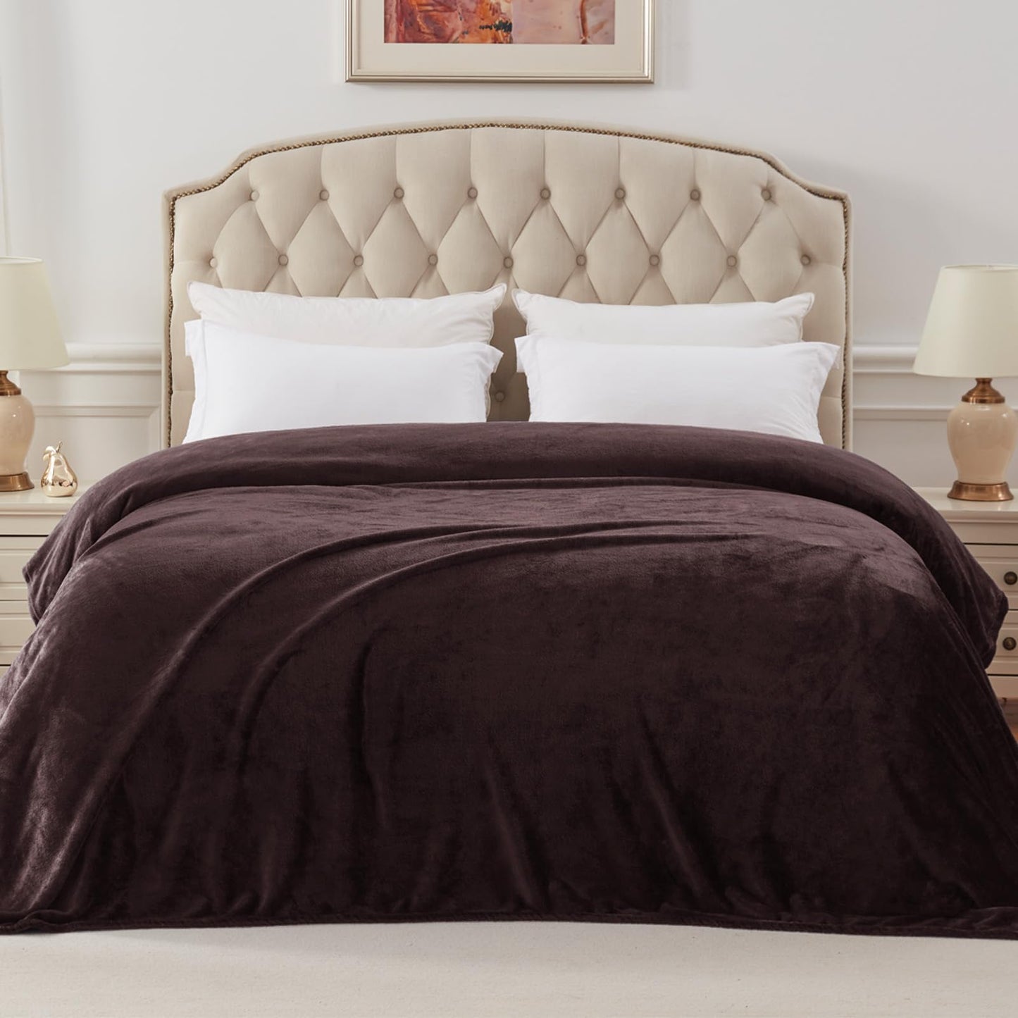 Exclusivo Mezcla Queen Size Flannel Fleece Velvet Plush Bed Blanket as Bedspread, Coverlet, Bed Cover (90x90 inches, Coffee) Soft, Lightweight, Warm and Cozy