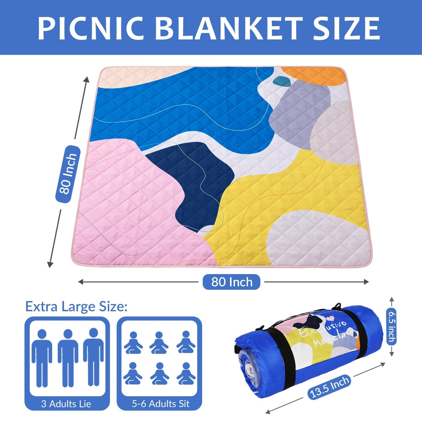 Exclusivo Mezcla Waterproof Picnic Blankets 3-Layer 80"x 80" Large Sandproof Beach Blanket Foldable Outdoor Blanket for Camping on Grass Picnic Mat, Abstract Yellow