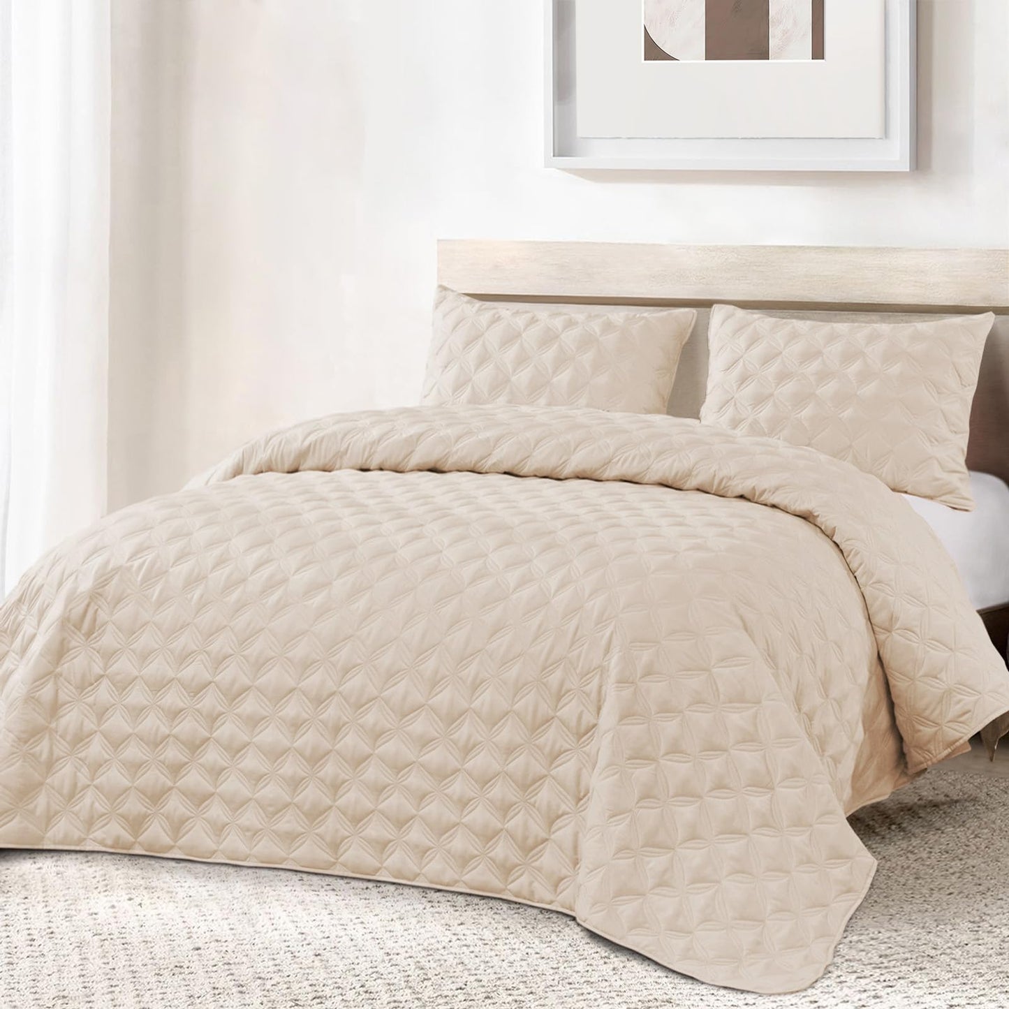 Exclusivo Mezcla Bed Quilt Set Queen Size for All Seasons, Stitched Pattern Quilted Bedspread/ Bedding Set/ Coverlet with 2 Pillow shams, Lightweight and Soft, Brich Beige