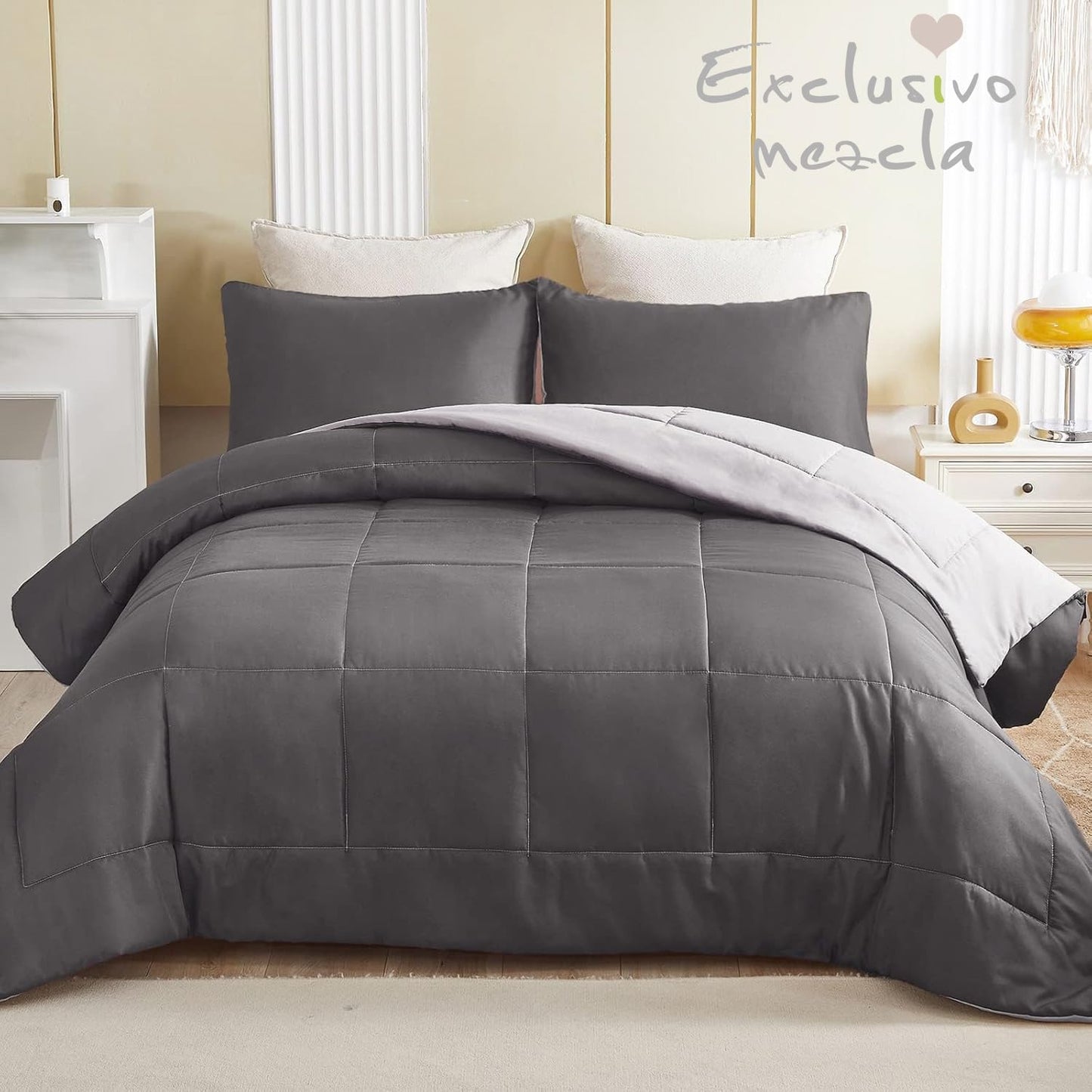 Exclusivo Mezcla Lightweight Reversible 3-Piece Comforter Set All Seasons, Down Alternative Comforter with 2 Pillow Shams, California King Size, Grey