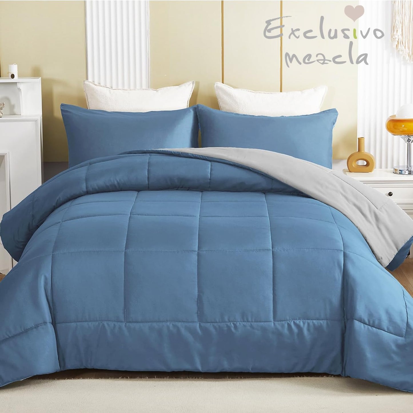 Exclusivo Mezcla Lightweight Reversible 3-Piece Comforter Set All Seasons, Down Alternative Comforter with 2 Pillow Shams, Oversized Queen Size, Bluish Grey/Light Grey