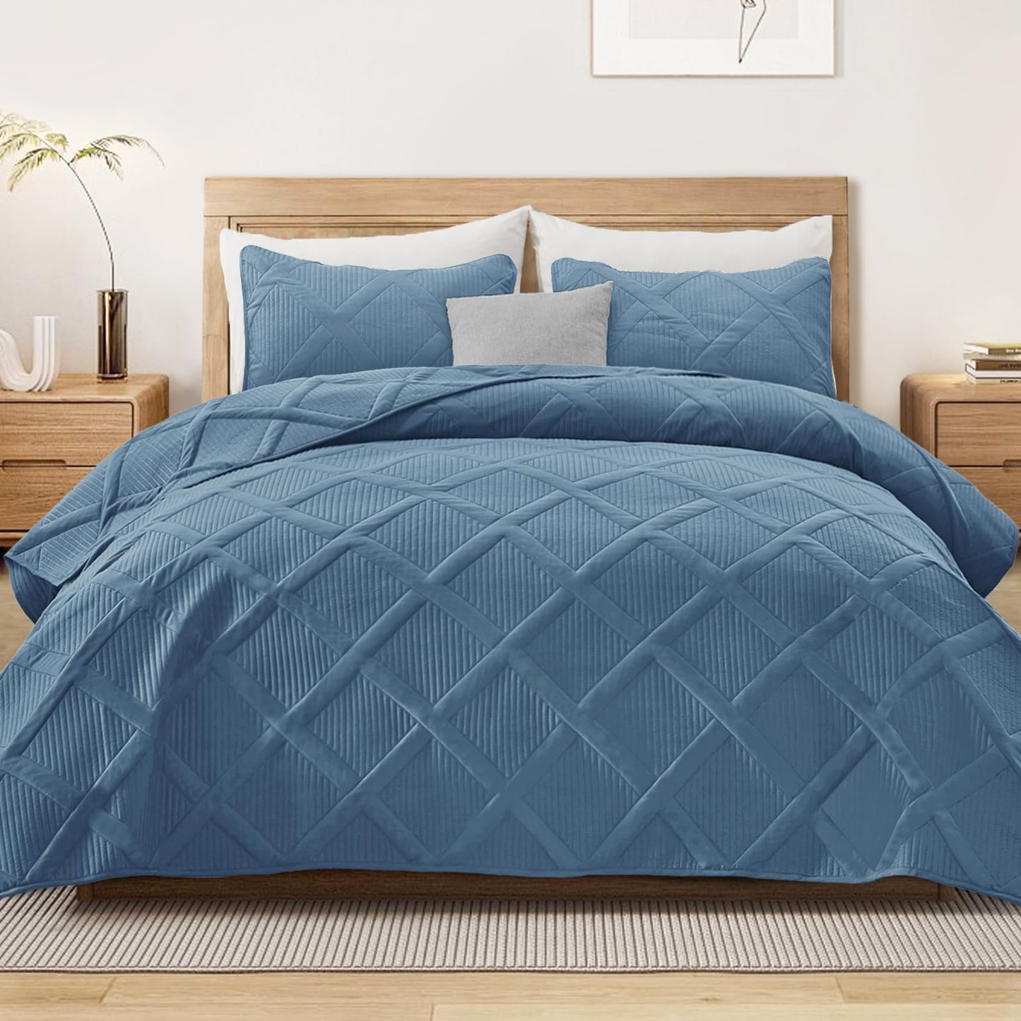 Exclusivo Mezcla Quilt Set Oversized King Size, 3 Pieces Grayish Blue Cal King Quilt Bedding Set, Lightweight Quilts Soft Bedspreads Modern Striped Coverlets for All Seasons