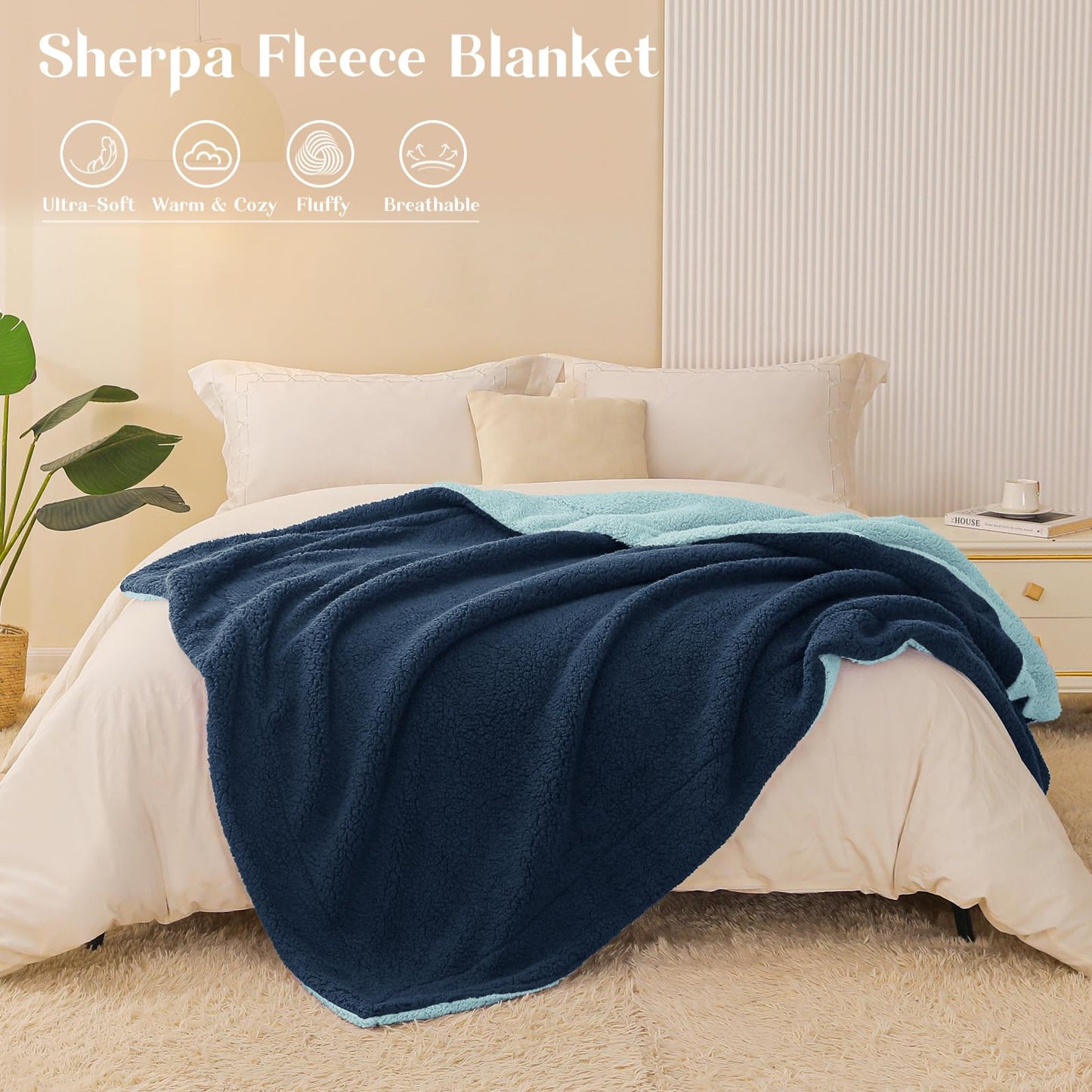 Exclusivo Mezcla Reversible Sherpa Throw Blanket for Couch, Thick and Warm Fleece Blankets for Winter, Soft Plush Fluffy, 50x60 Inches, Navy/ Light Blue
