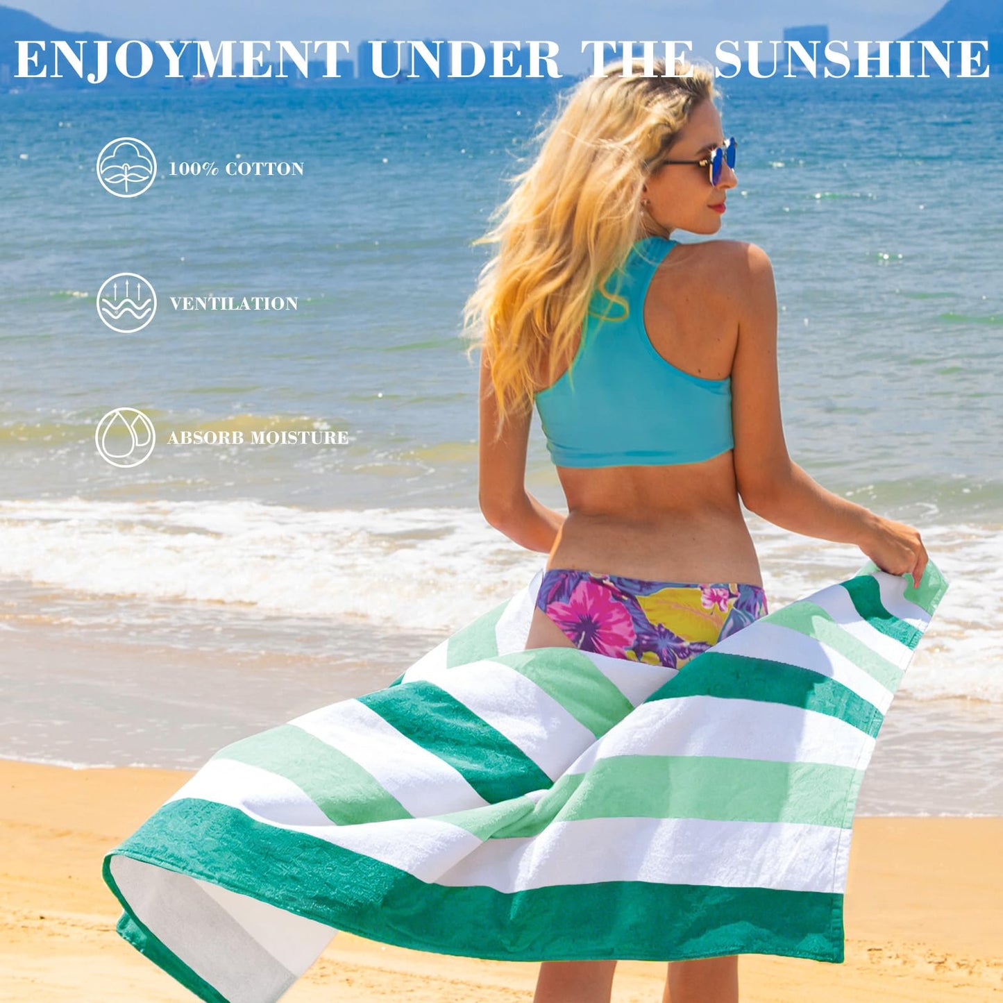 Exclusivo Mezcla 4-Pack Cotton Oversized 35"x70" Cabana Stripe Beach Towels, Super Absorbent Soft Plush Pool Towel, Bath Towel (Mixed Green)