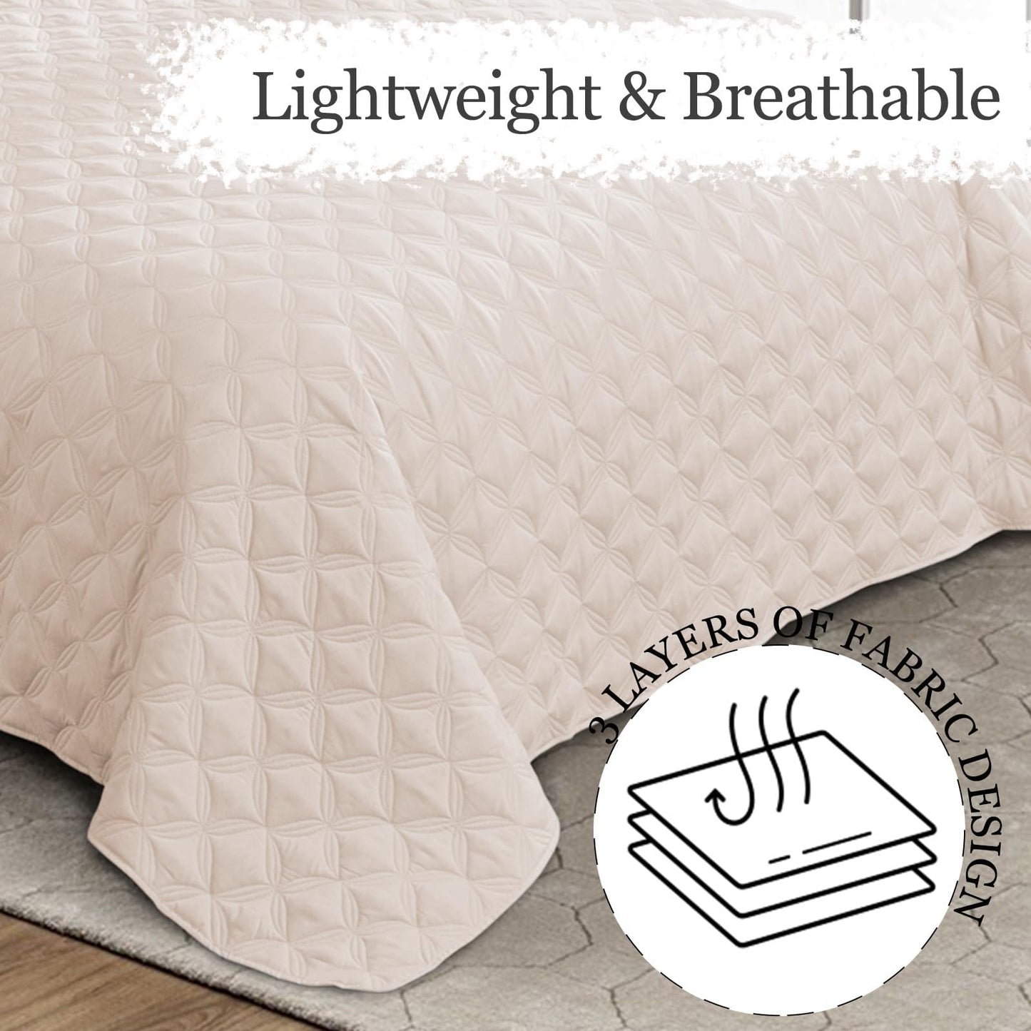 Exclusivo Mezcla Bed Quilt Set Queen Size for All Seasons, Stitched Pattern Quilted Bedspread/ Bedding Set/ Coverlet with 2 Pillow shams, Lightweight and Soft, Brich Beige
