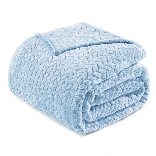 Exclusivo Mezcla Fleece Twin Size Blanket for Bed, 60x80 Inches Soft Cozy Jacquard Flannel Blankets, Lightweight Fuzzy Plush Warm for Women, Light Blue