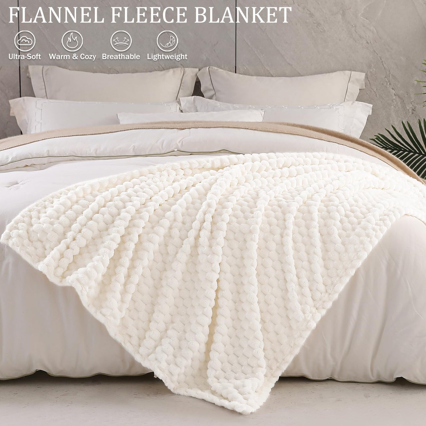 Exclusivo Mezcla Fleece California King Blanket for Bed, Oversized Fuzzy Ivory Bed Blankets, Soft Cozy Plush Sofa Throws for All Seasons, 120x120 Inches