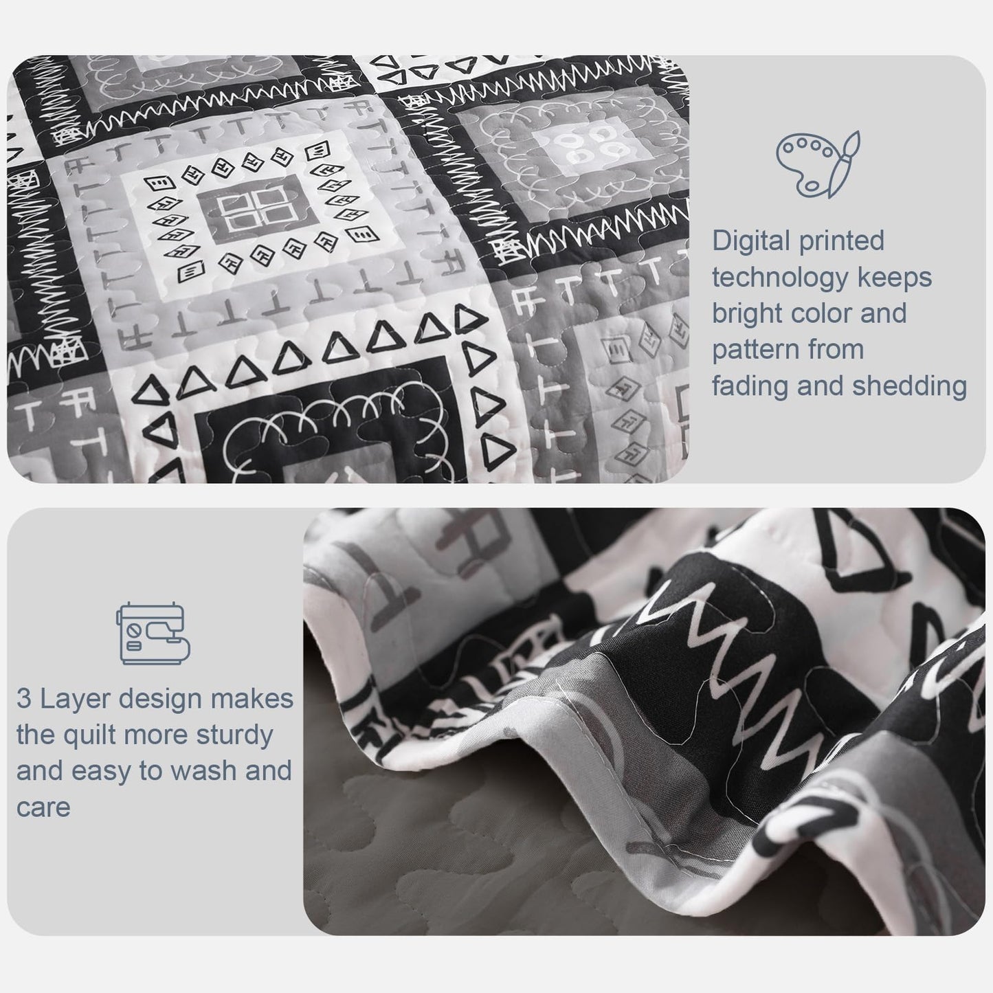 Exclusivo Mezcla Reversible Boho Quilts Queen Size, Black Bedspreads Lightweight Coverlet All Season Patchwork Quilt Bedding Set with Printed Floral Pattern (1 Quilt, 2 Pillow Shams)