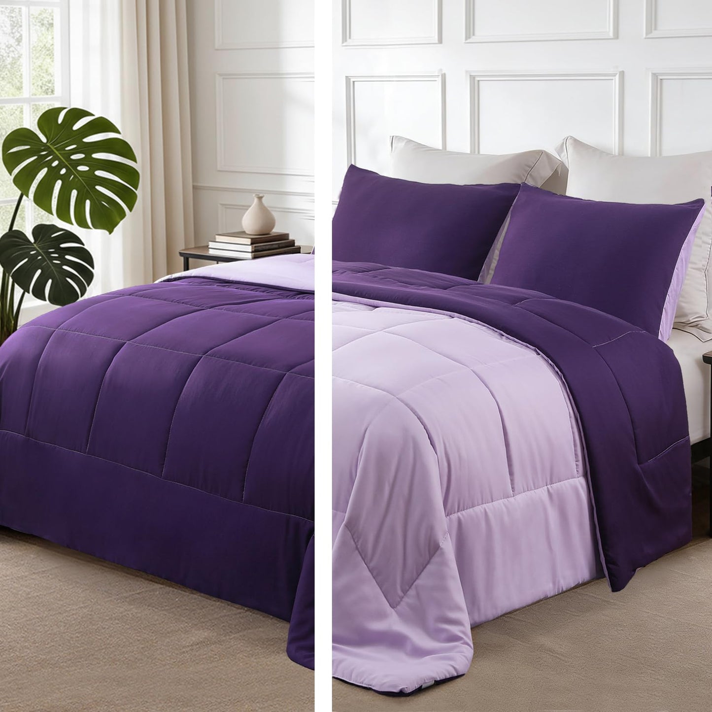 Exclusivo Mezcla Lightweight Reversible 3-Piece Comforter Set All Seasons, Down Alternative Comforter with 2 Pillow Shams, Oversized King Size, Deep Purple/ Lilac