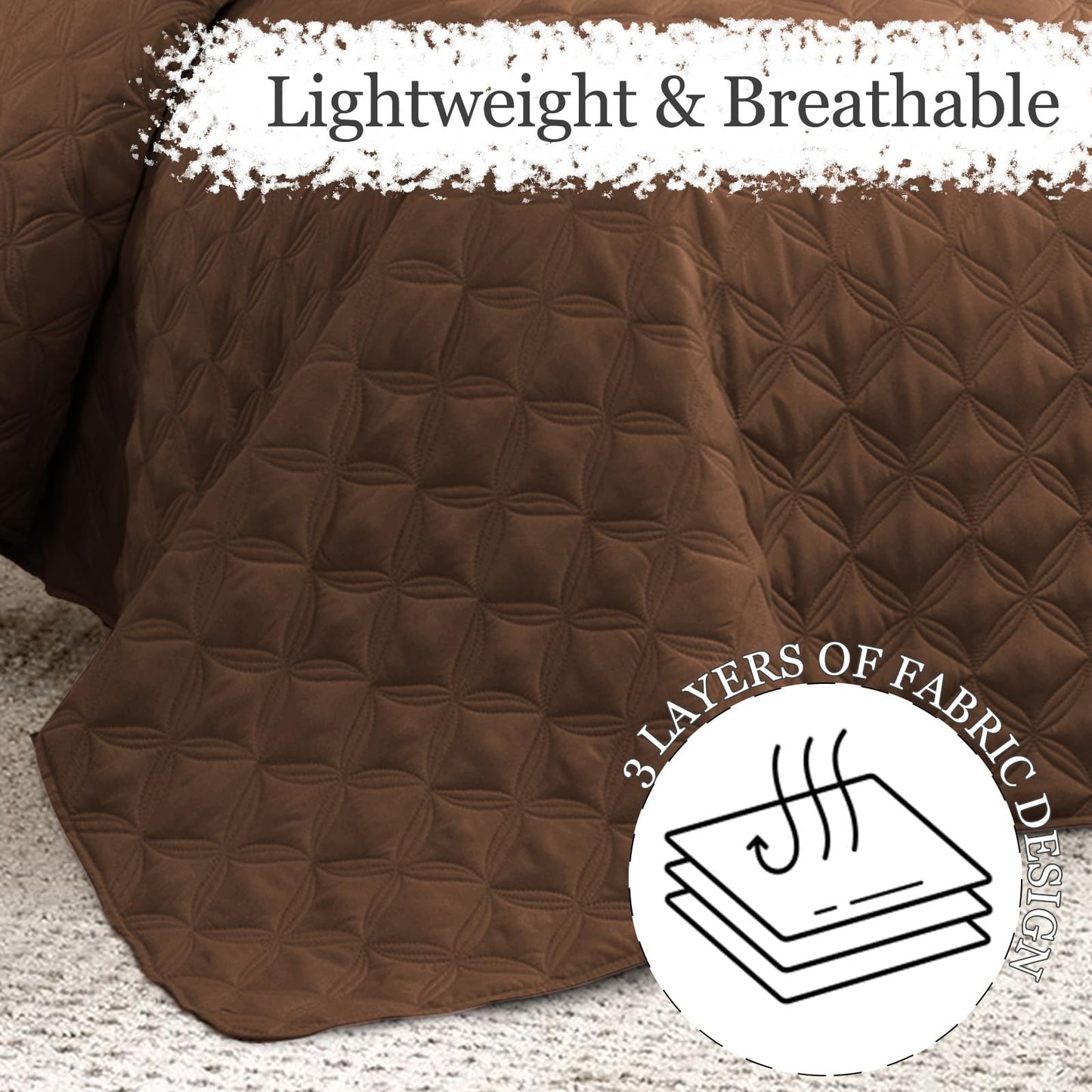 Exclusivo Mezcla Bed Quilt Set Queen Size for All Seasons, Stitched Pattern Quilted Bedspread/ Bedding Set/ Coverlet with 2 Pillow shams, Lightweight and Soft, Brown