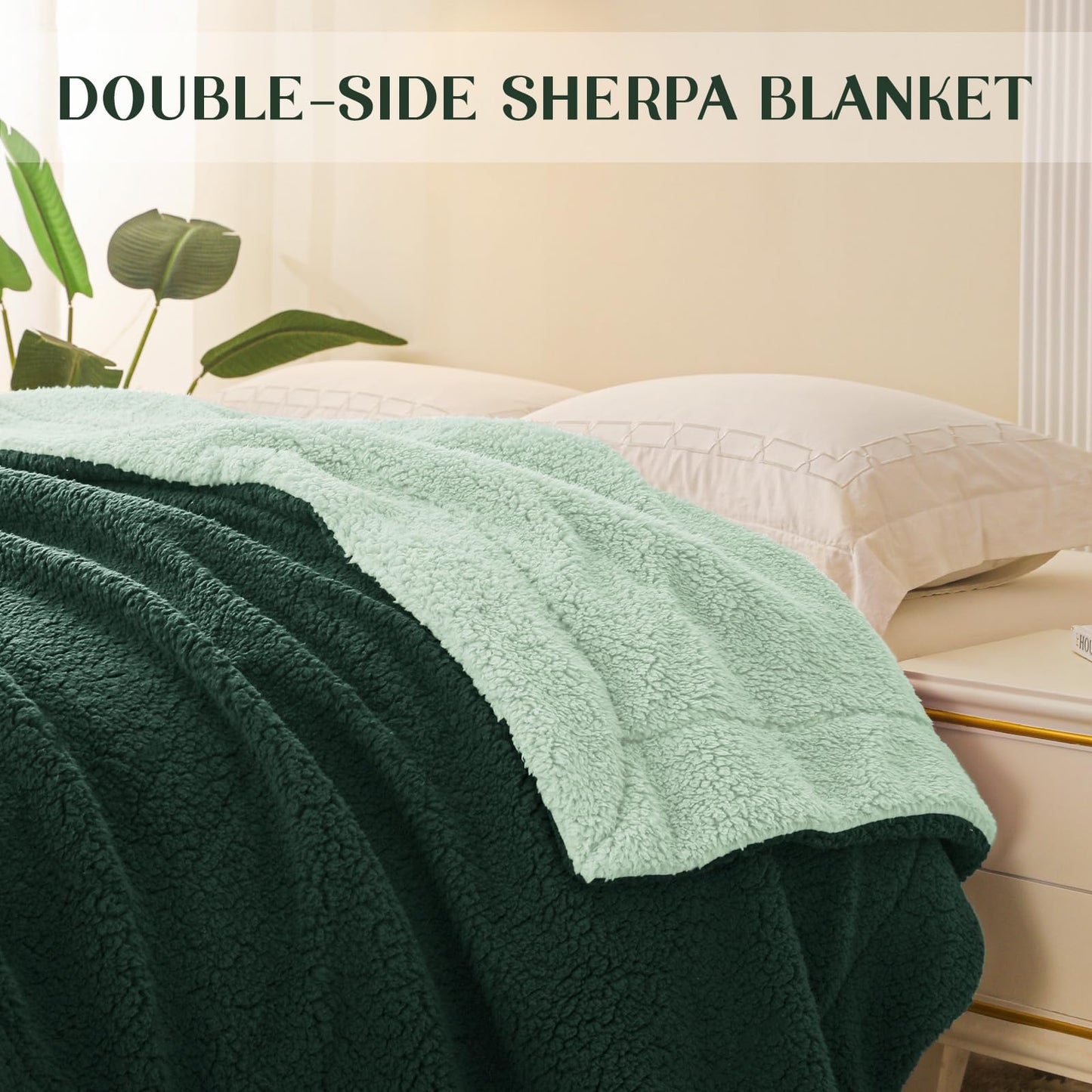 Exclusivo Mezcla Reversible King Size Sherpa Blanket, Thick and Warm Fleece Blankets for Winter, Soft Plush Fluffy for Bed, 90x104 Inches, Forest / Mint Green