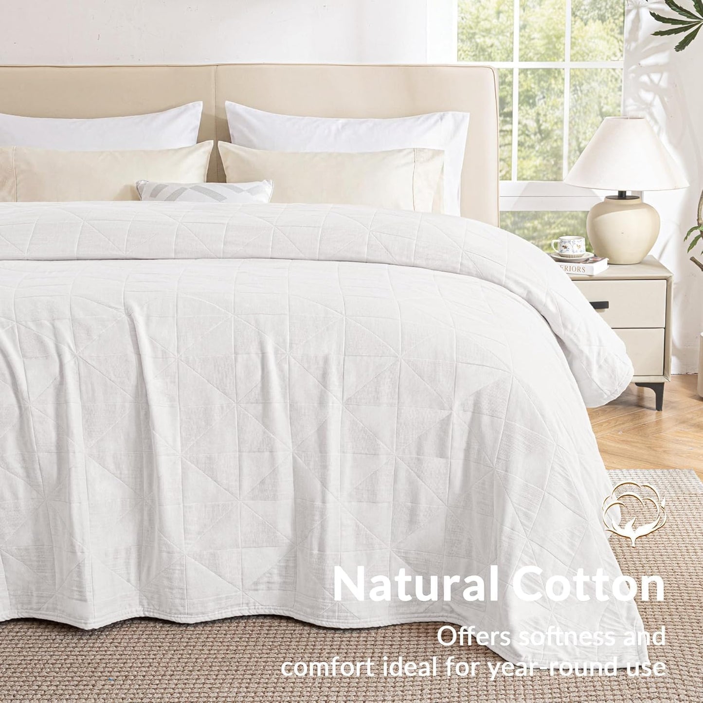 Exclusivo Mezcla 100% Cotton 4 Layers Muslin King Blanket for Bed, Moisture-wicking and Breathable Gauze Blanket with Geometric Pattern for Year Round Comfort, 90"x104", Pure White