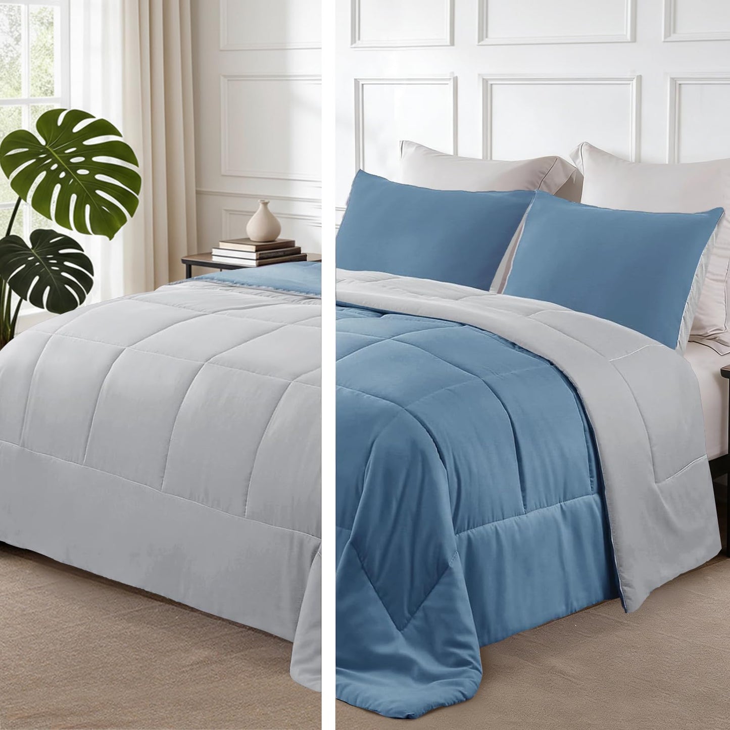 Exclusivo Mezcla Lightweight Reversible 3-Piece Comforter Set All Seasons, Down Alternative Comforter with 2 Pillow Shams, Oversized Queen Size, Bluish Grey/Light Grey