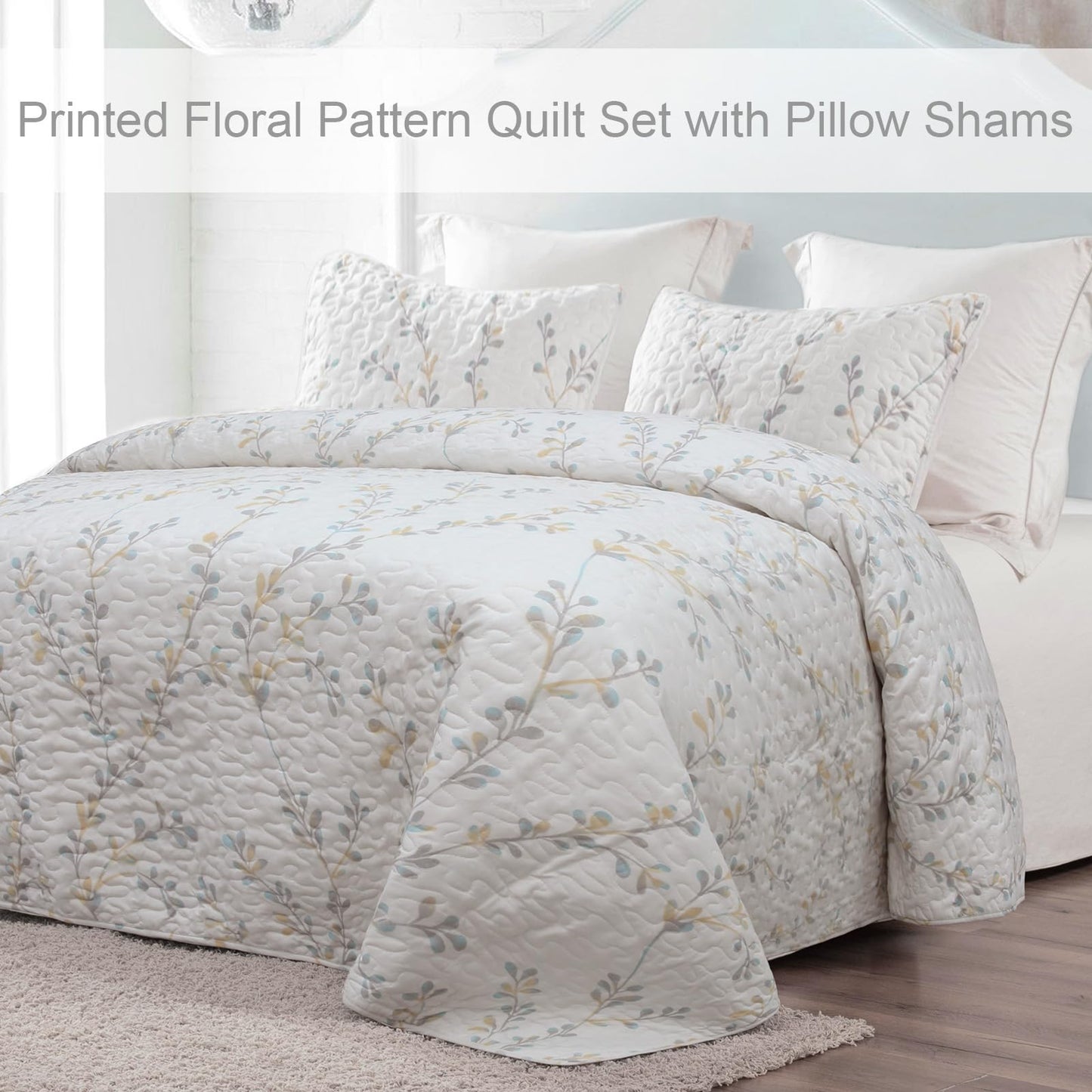 Exclusivo Mezcla Reversible Boho California King Quilt, White Soft Bedspreads Lightweight Coverlet All Season Flowers Quilts Bedding Set with Printed Floral Pattern (1 Quilt, 2 Pillow Shams)