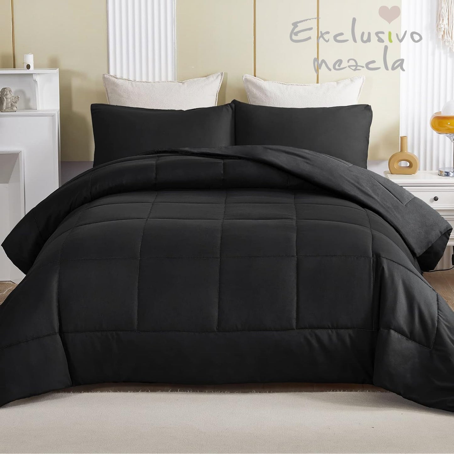 Exclusivo Mezcla Lightweight Reversible 3-Piece Comforter Set All Seasons, Down Alternative Comforter with 2 Pillow Shams, Oversized King Size, Black