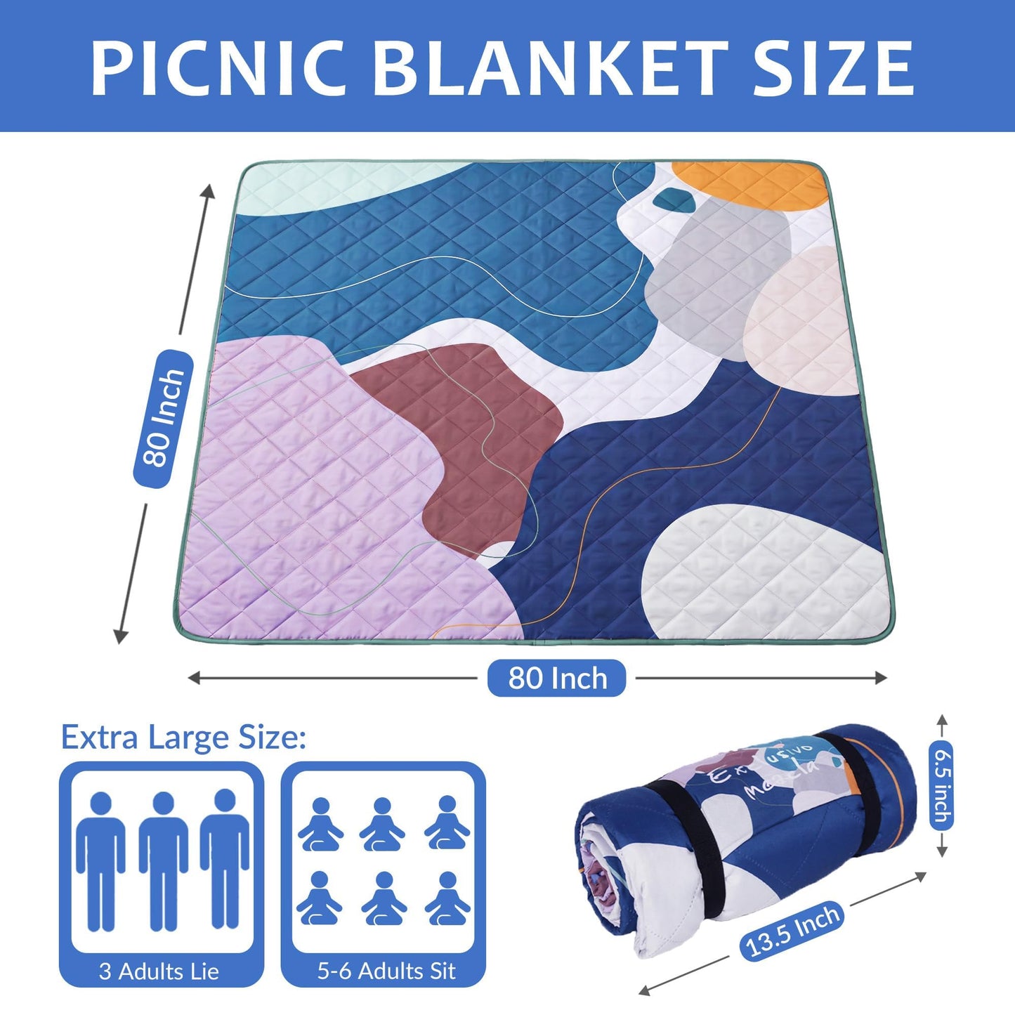 Exclusivo Mezcla Waterproof Picnic Blankets 3-Layer 80"x 80" Large Sandproof Beach Blanket Foldable Outdoor Blanket for Camping on Grass Picnic Mat, Abstract Blue