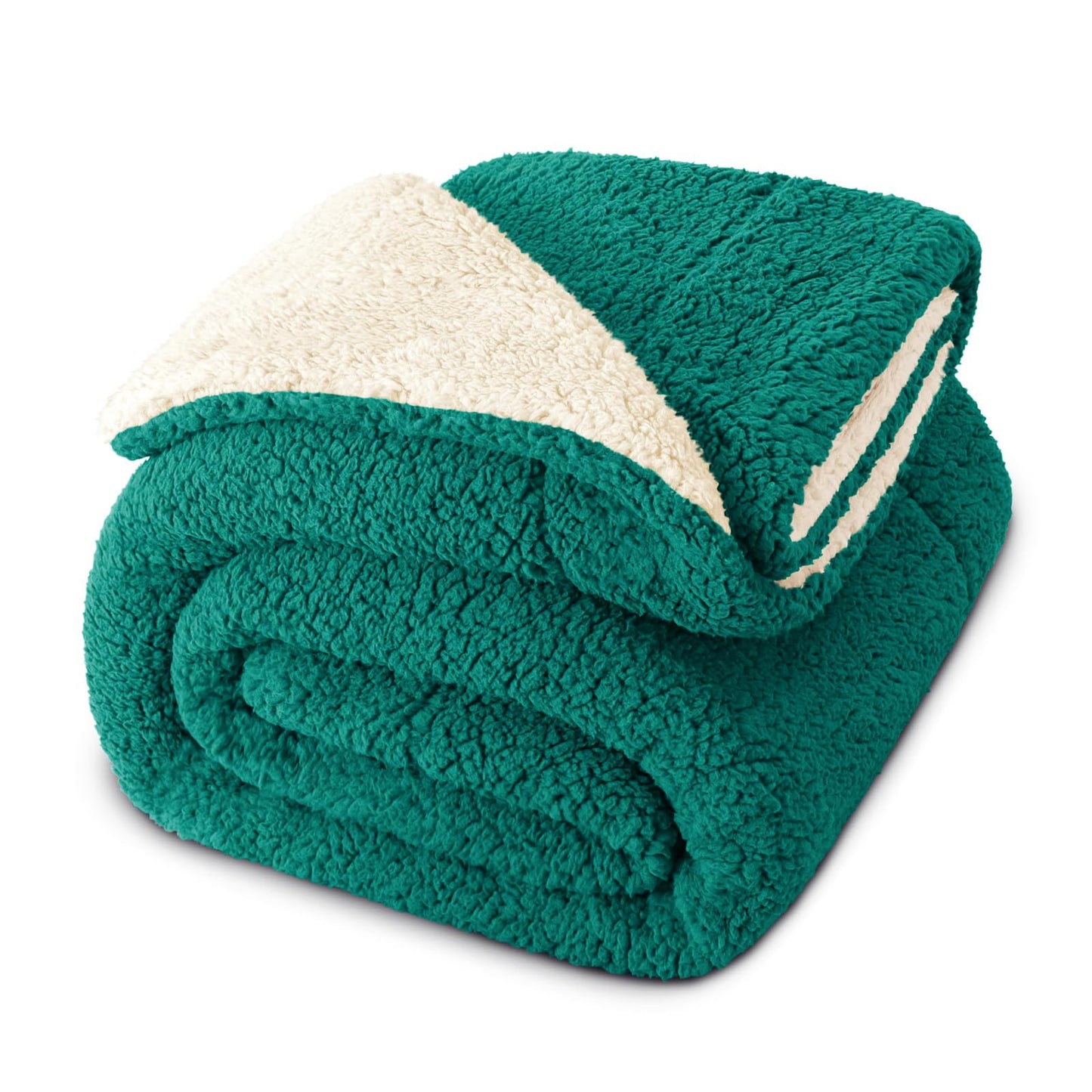 Exclusivo Mezcla Reversible Queen Size Sherpa Blanket, Thick and Warm Fleece Blankets for Winter, Soft Plush Fluffy for Bed, 90x90 Inches, Emerald Green/ White
