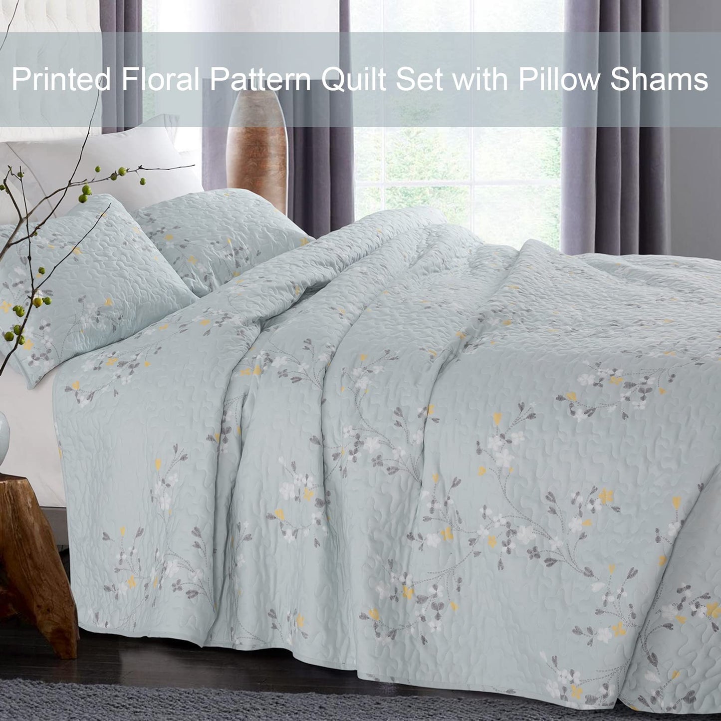 Exclusivo Mezcla Microfiber Queen Size Quilt Set for All Seasons, 3 Piece Flower Pattern Bedspread/Coverlet/Bedding Set with 2 Shams, Lightweight and Soft, (96"x92", Light Blue)