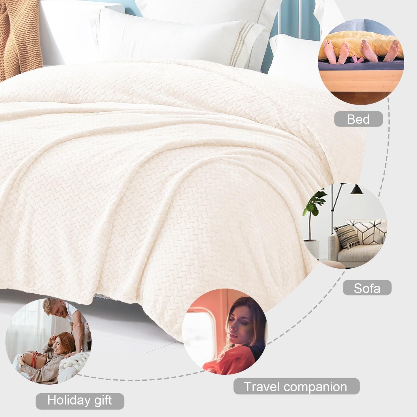 Exclusivo Mezcla Fleece Twin Size Blanket for Bed, 60x80 Inches Soft Cozy Jacquard Flannel Blankets, Lightweight Fuzzy Plush Warm for Women, Off White